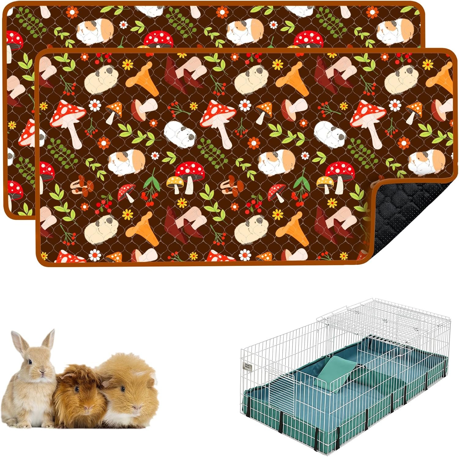 Guinea Pig Cage Liners, 2 Pack 49x24in Washable Guinea Pig Bedding, Waterproof Reusable & Anti Slip, Super Absorbent Guinea Pig Pee Pad for Small Animal, Rabbit, Bunny, Chinchilla, Brown
