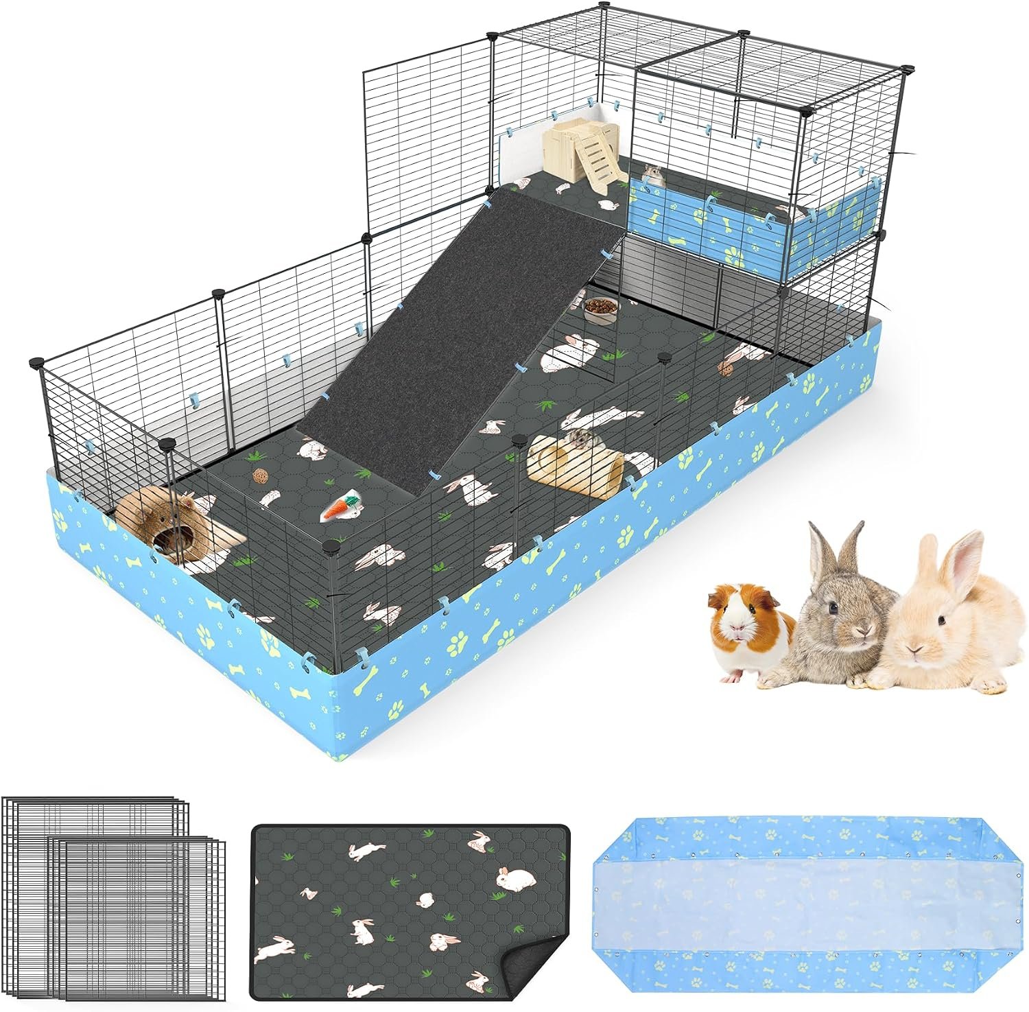 Guinea Pig Cages with Tarp and Bedding Pee Pad Liner, 2-Story Large Guinea Pig Playpen C&C Loft Cage for 2 Rabbit Bunny Chinchilla Small Animal Habitat for Indoor