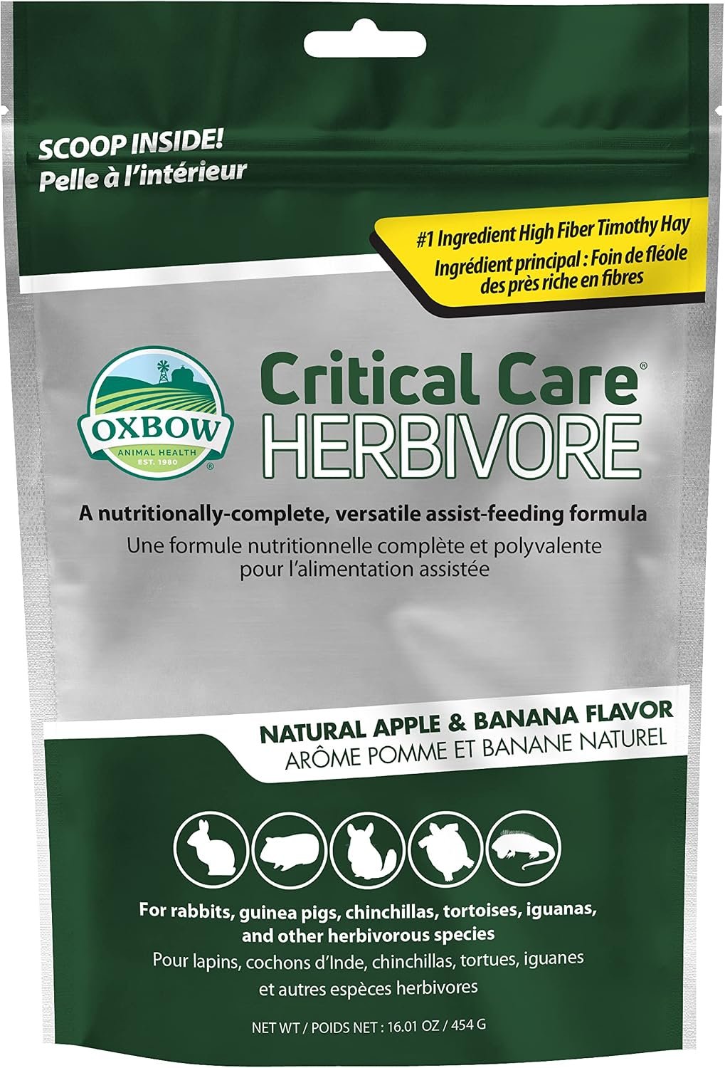 Oxbow Critical Care Herbivore, Rabbit & Guinea Pig, Apple Banana, 454 g | Herbivore Emergency Food, Recovery, Rabbit Food, Recovery Diet, Apple Banana, Syringe, Tube Feeding, Complete Nutrition