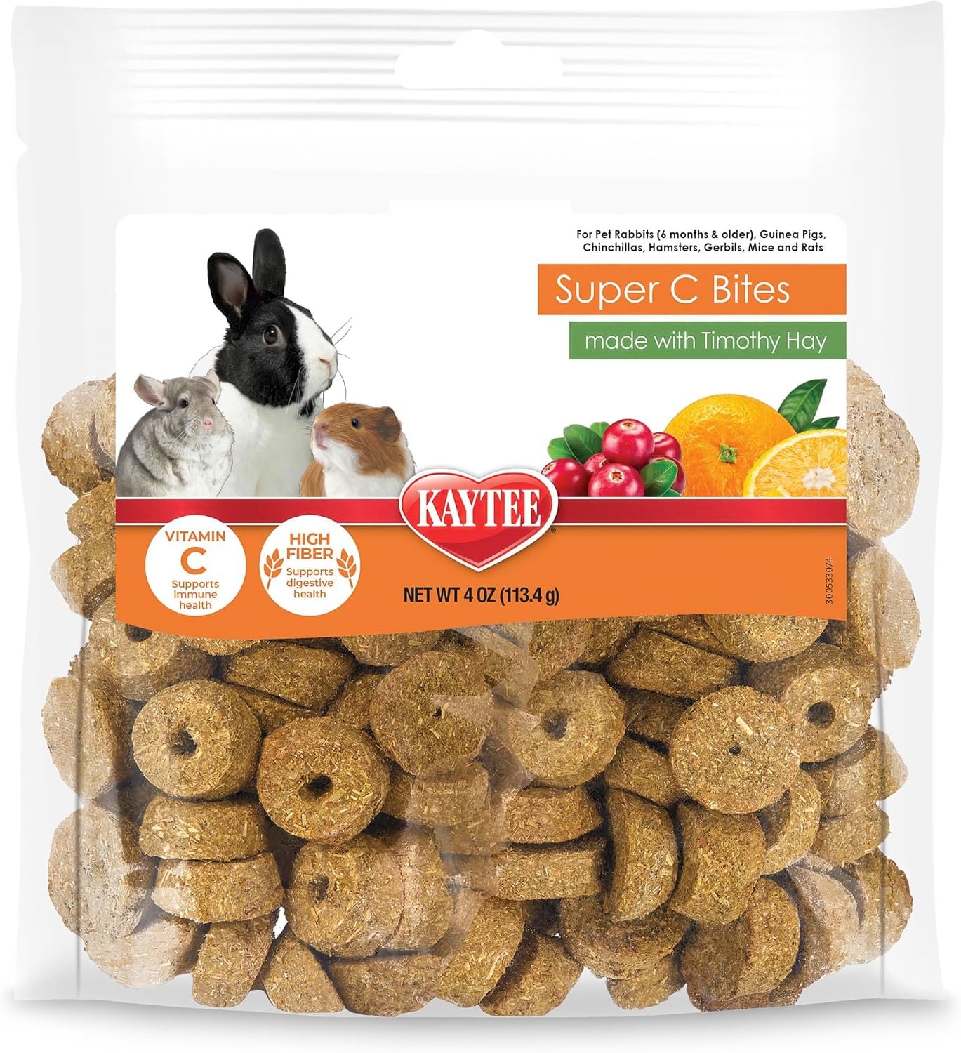 Kaytee Super C Bites Treat For Pet Guinea Pigs, Adult Rabbits, Chinchillas, and Other Small Animals, Cranberry and Orange, 4 oz