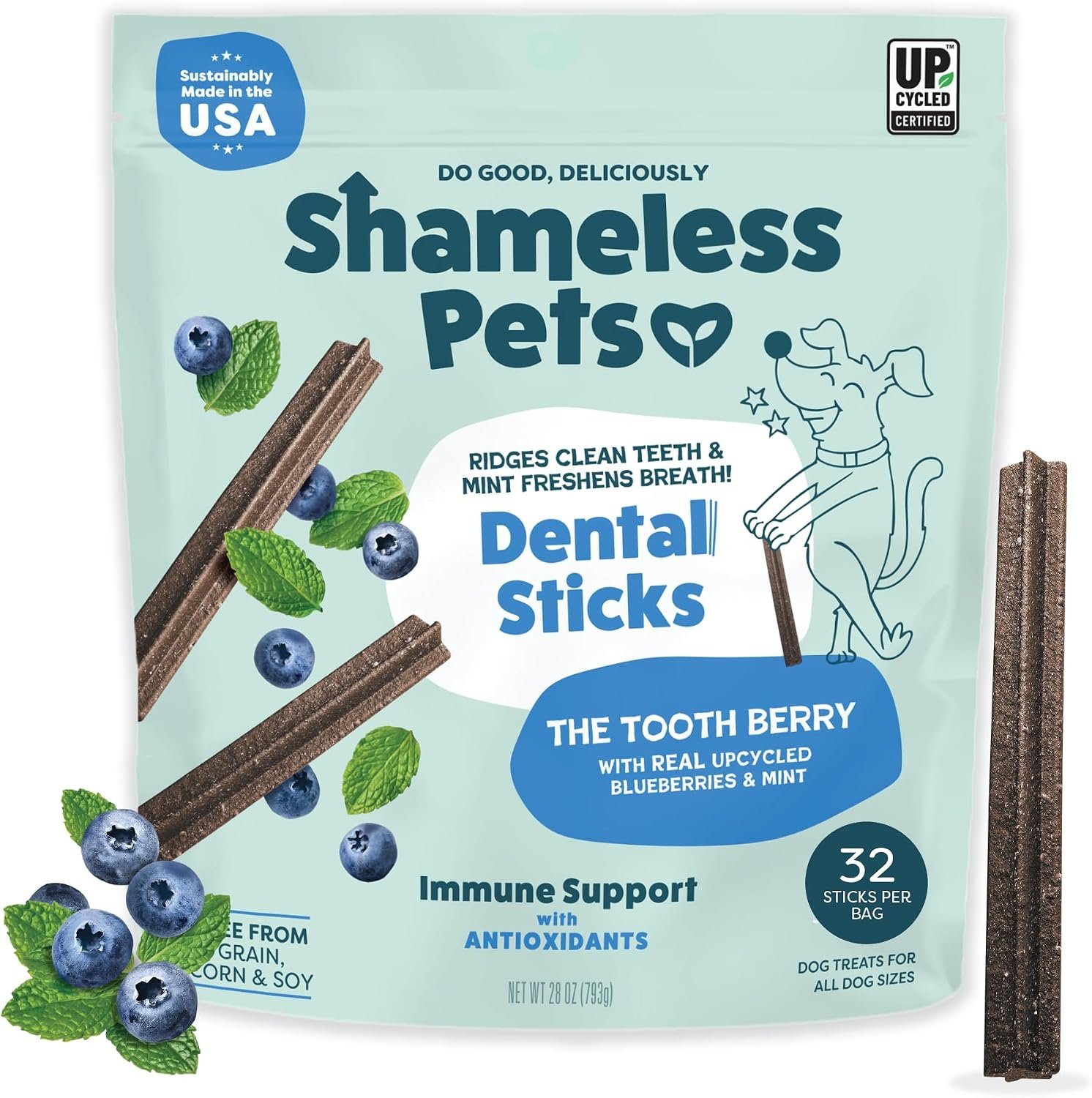Shameless Pets Blueberry & Mint Dental Chews for Dogs, 32 Chews – Natural Dog Teeth Cleaning Treats with Fresh Breath Benefits | Grain-Free Dental Sticks for Small, Medium & Large Dogs