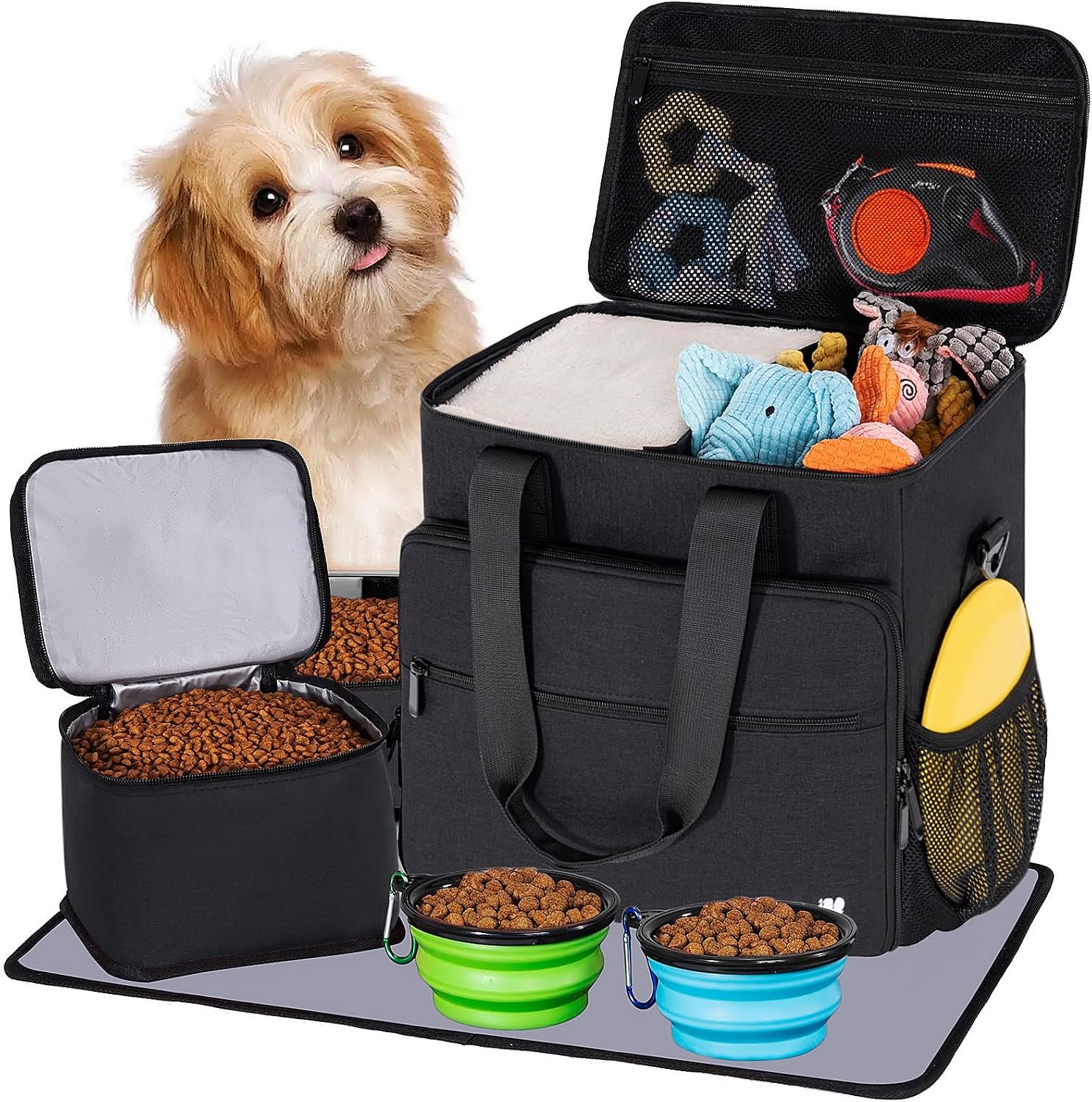 Dog Travel Bag, Large Pet Travel Set with Multi-Function Pockets | 2 Food Storage Containers, 2 Collapsible Bowls, 1 Feeding Mat for Pet Supplies, Road Trip Essentials, Weekend Camping, Black