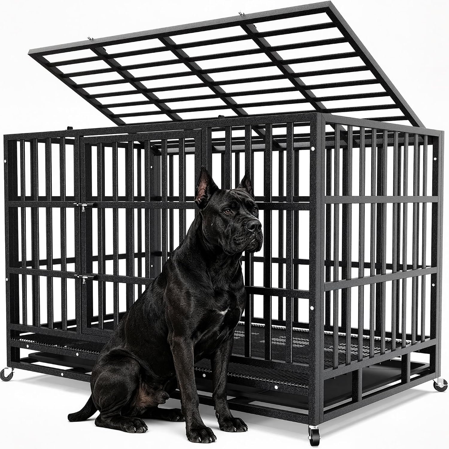 Hiwokk 48 Inch Heavy Duty Dog Crate, Indestructible Kennel for Large Dogs | 38-96″ for Small to All Breeds Dogs | Escape Proof Latch | Removable Tray | Chew-Proof Steel | Lockable Wheels | Easy-Clean