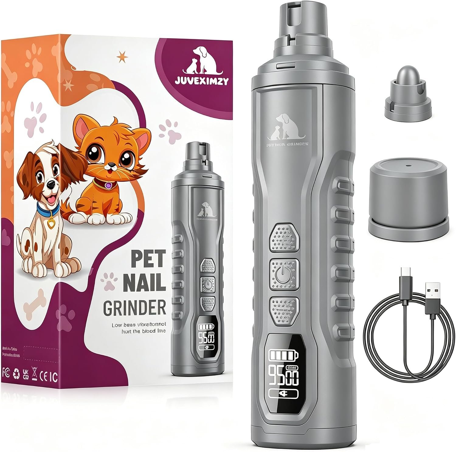 Electric Dog Nail Grinder: 5-Speed Quiet Dog Nail Trimmer with LED Light, Adjustable Safety Guard, Rechargeable Cordless Design for Small to Large Dogs & Cats