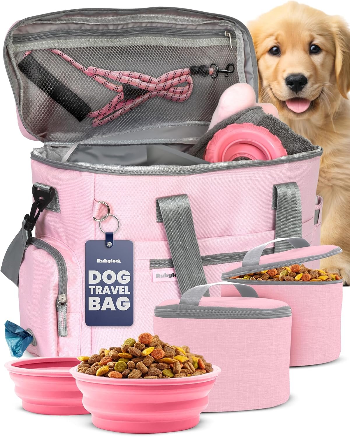 Original Doggy Bag™ Dog Travel Bag for Supplies with Travel Bowls | 2 BPA-Free Collapsible Bowls, 2 Pet Food Containers, TSA-Ready, Road Trips, Camping, Weekend Getaways, Doggy Gift, Lt. Pink