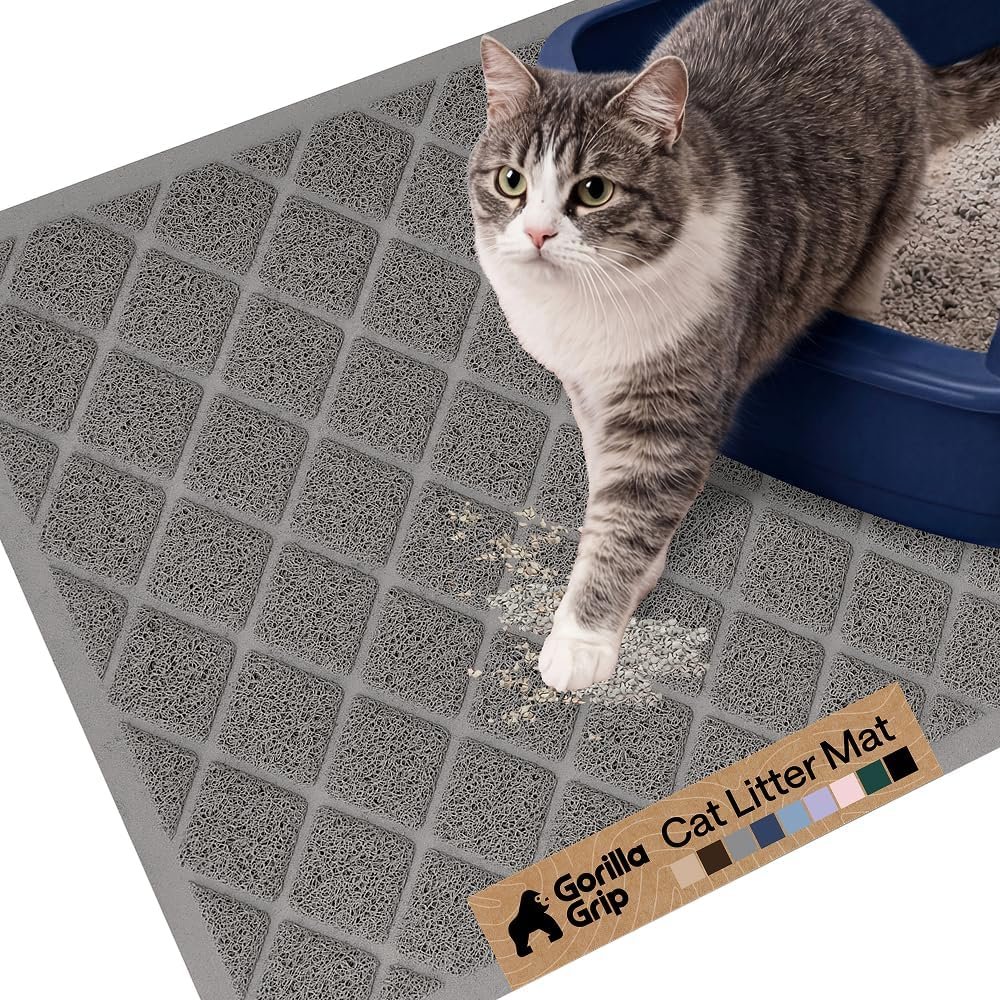 GORILLA GRIP Cat Litter Box Mat, Cushioned Coil Mesh Litter Trapping Mats, Scatter Control Supplies for Less Mess, Phthalate Free, Ultra Deep Catch Grooves, Rinse or Vacuum to Clean, 24×17 Gray