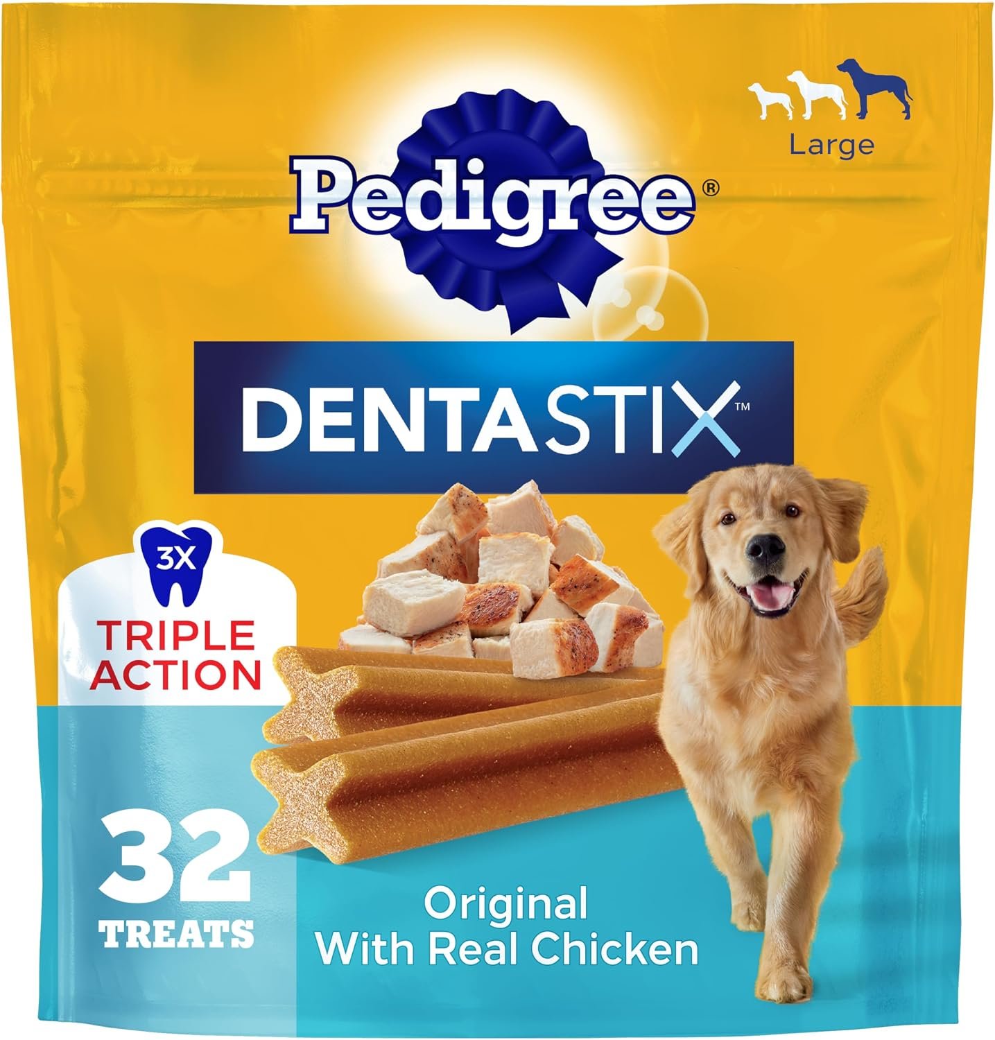 Pedigree Dentastix Large Breed Dental Dog Treats, Original, 32 Count | Triple action dental care, reduces tartar, cleans teeth, freshens breath, for dogs 40+ lbs, no added sugar/fillers