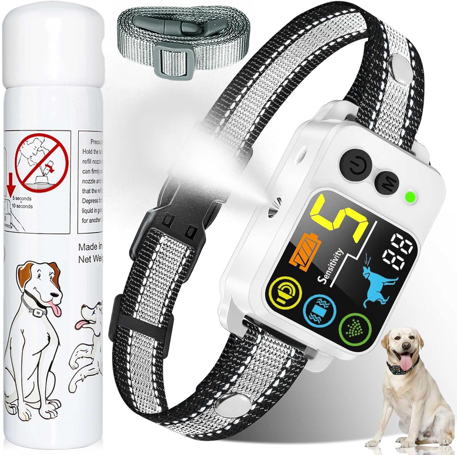 Citronella Bark Collar Spray Dog Collar, 5 Modes & Levels, 1*Spray Refill | Anti Bark Training Collar, beep/vibration/spray 5 modes, IP66 waterproof, for S/M/L Citronella Dog Collar,with 2 straps Grey