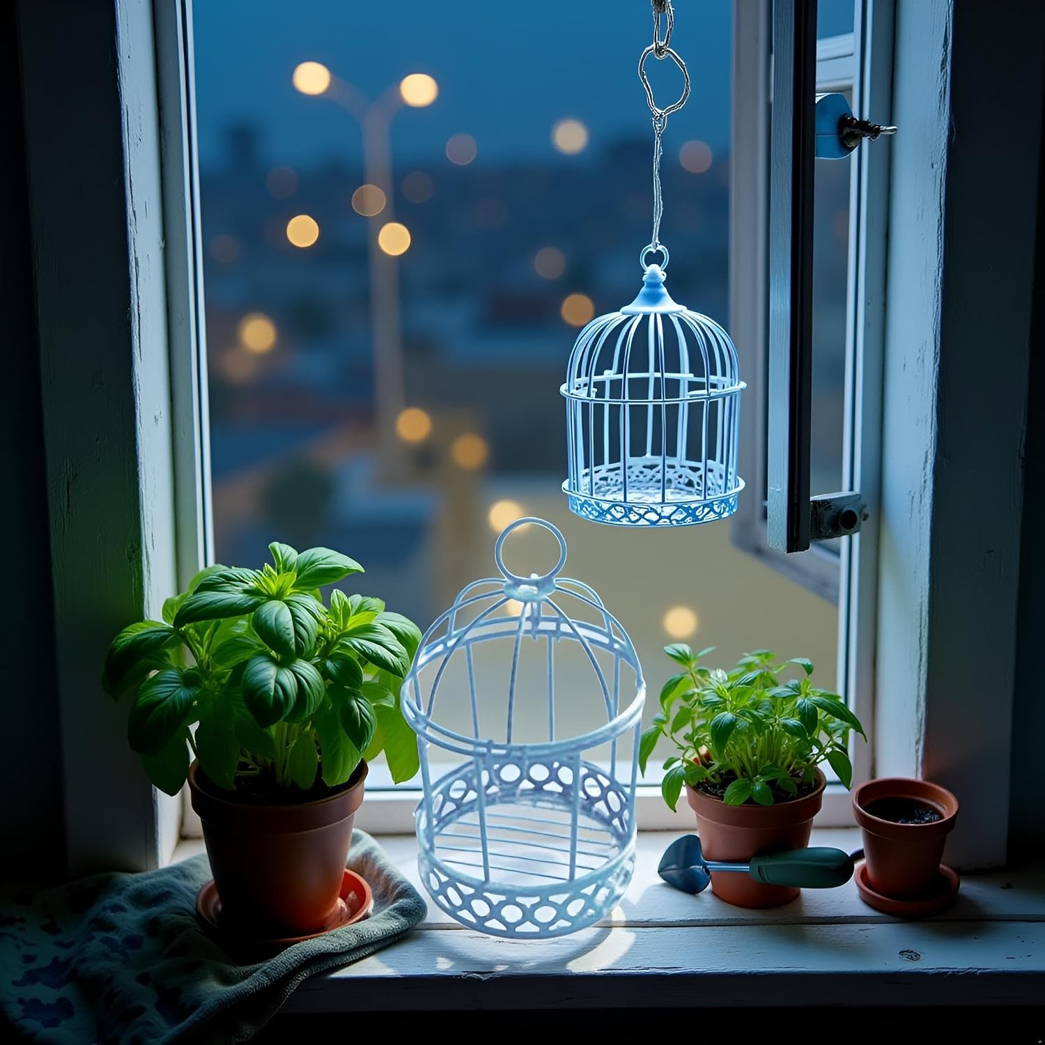 Blue Miniature Metal Wire Bird Cage Tealight Candle Holder Hanging Birdcage Lantern Wedding Candy Party Favor Box for Wedding Home Table DIY Decor