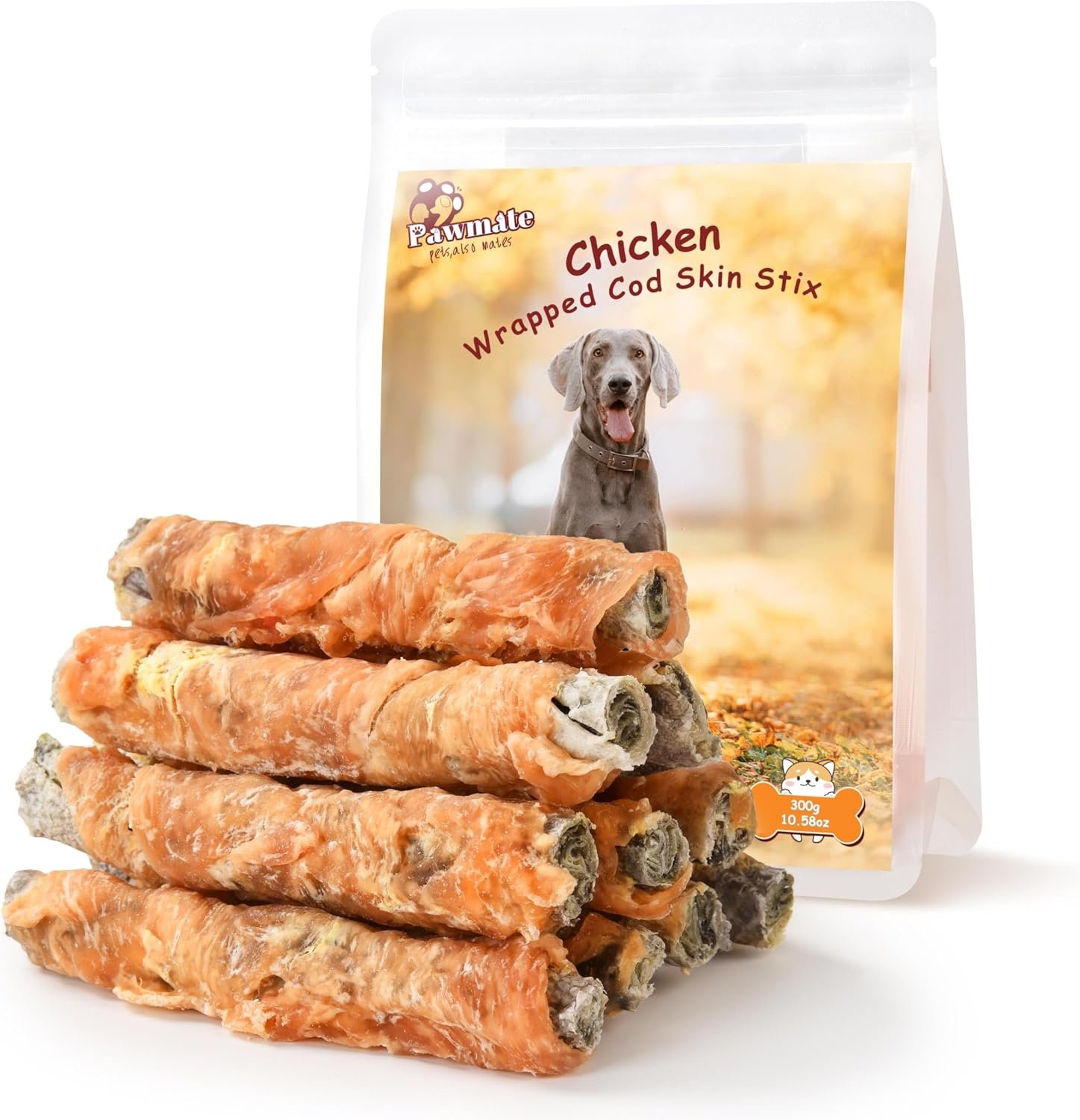 Pawmate Dog Treats Chicken Wrapped Cod Fish Skin Sticks 10.6 oz | Healthy High Protein Omega3 Cod Twist Dog Chews Real Chicken Wrap Teeth Cleaning for Large Medium Small Breeds