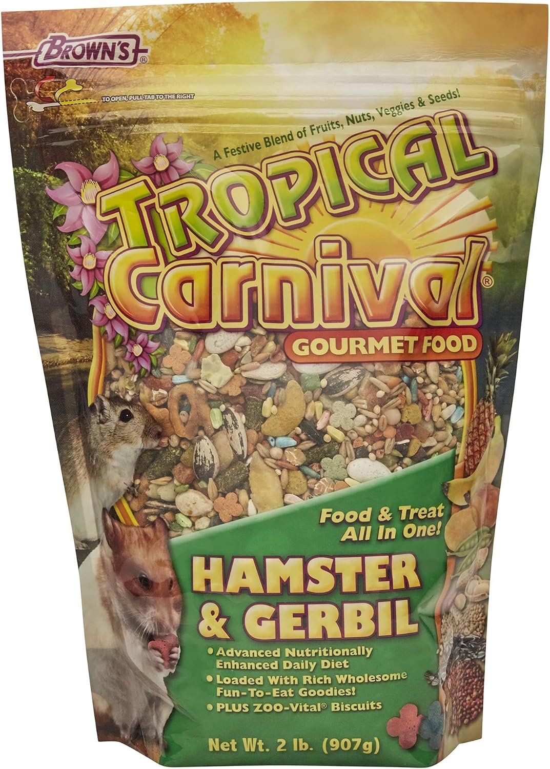F.M. Brown’s Tropical Carnival, Gourmet Hamster and Gerbil Food with Fruits, Veggies, Seeds, and Grains, Vitamin-Nutrient Fortified Daily Diet, 2 lb