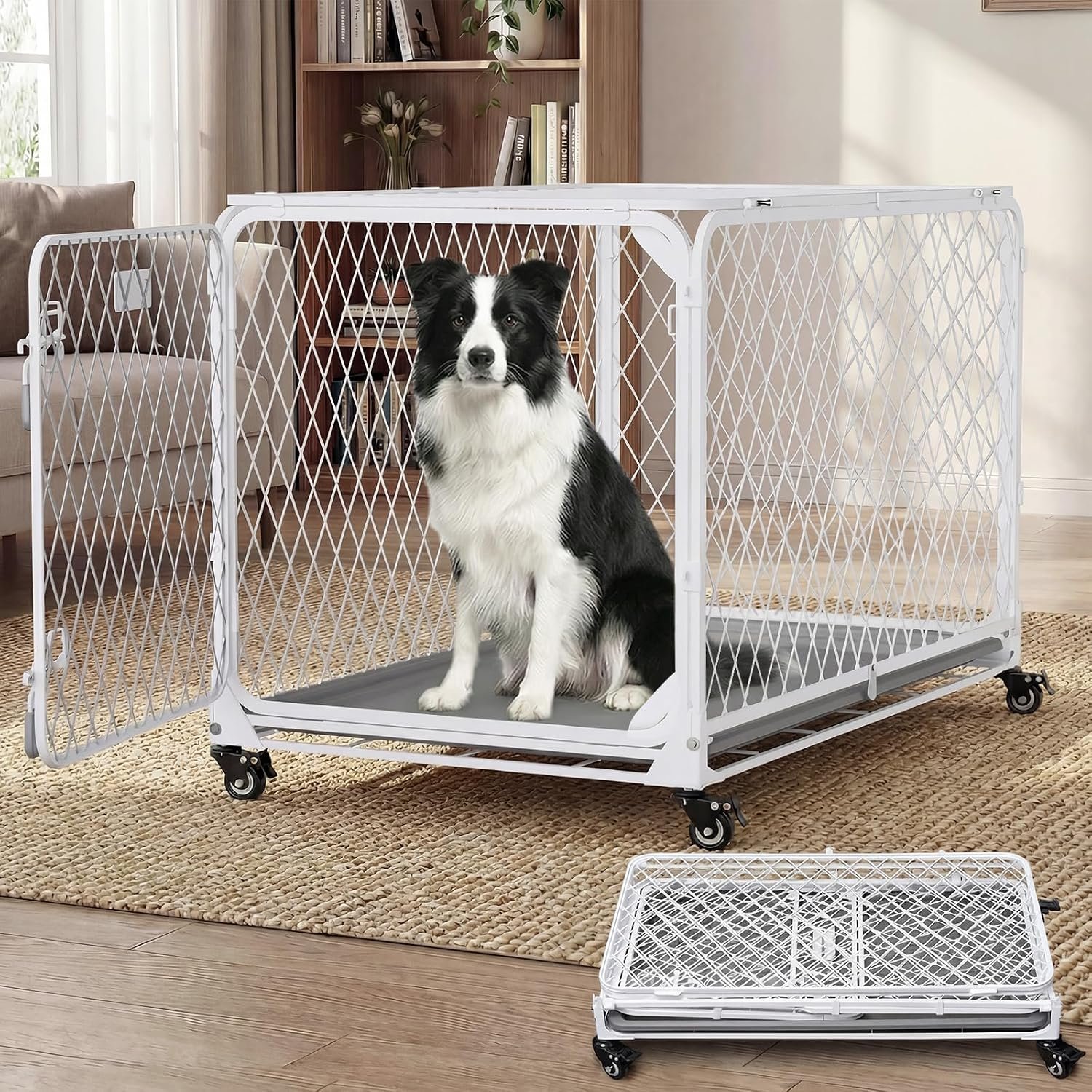36 Inch Collapsible Dog Crate with Diamond Mesh, No-Tool Assembly Foldable Dog Kennel with 4 Lockable Wheels,Removable Tray,Portable Dog Cage for Medium/Large Dogs, Space-Saving, Indoor Outdoor Use