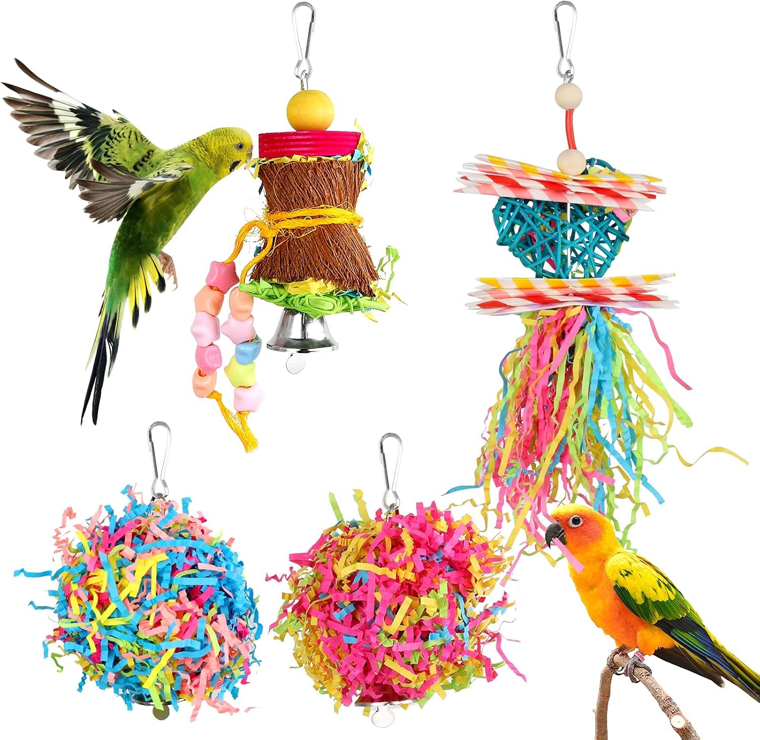 YUEPET 4 Pack Bird Shredder Toys, Foraging Toy for Birds | Paper Strips for Shredding, Small Parrot Chew Toys, Cage Hanging Hooks, For Budgies, Parakeets, Lovebirds & Cockatiels