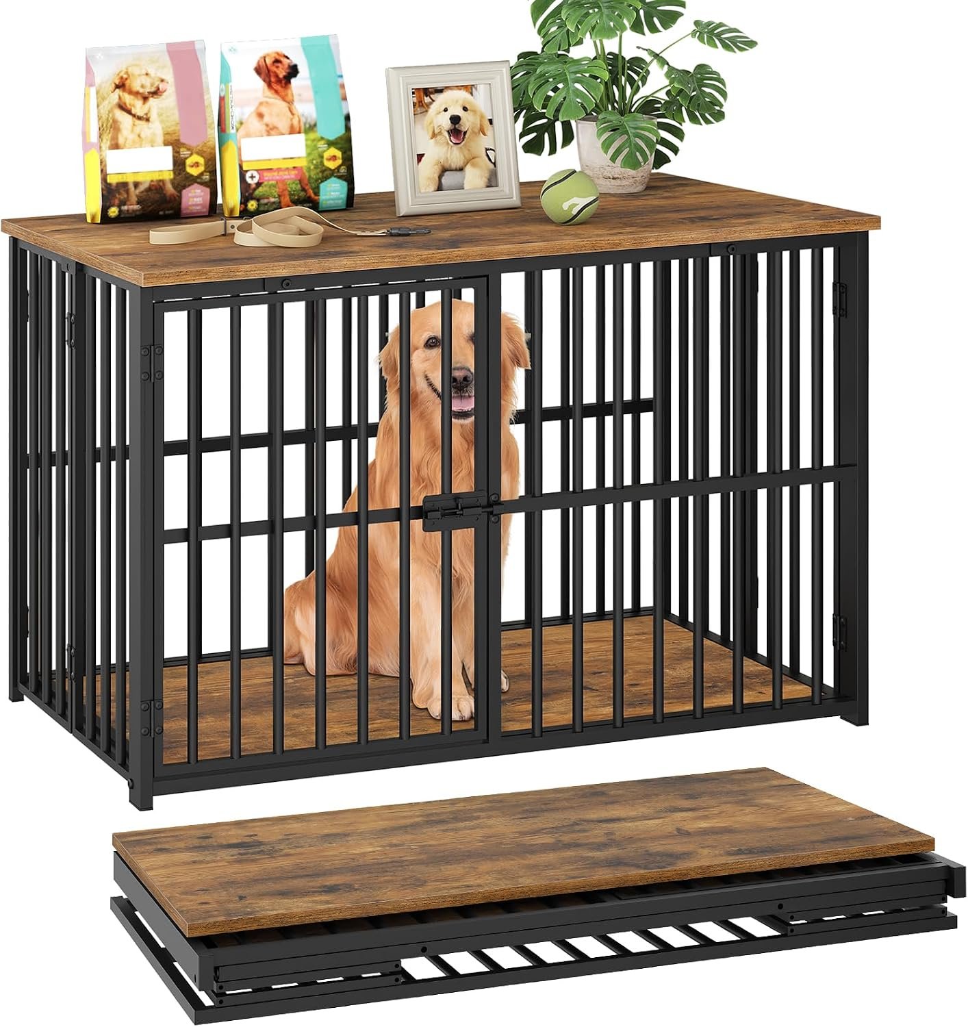 YATINEY Foldable Dog Crate Furniture, 37.4″ Dog Kennel for Medium Dogs, No Assembly, Collapsible Dog Crate, Indoor Dog Cage End Table, with Secure Lock, for Living Room, Hallway, Bedroom, DC12BR