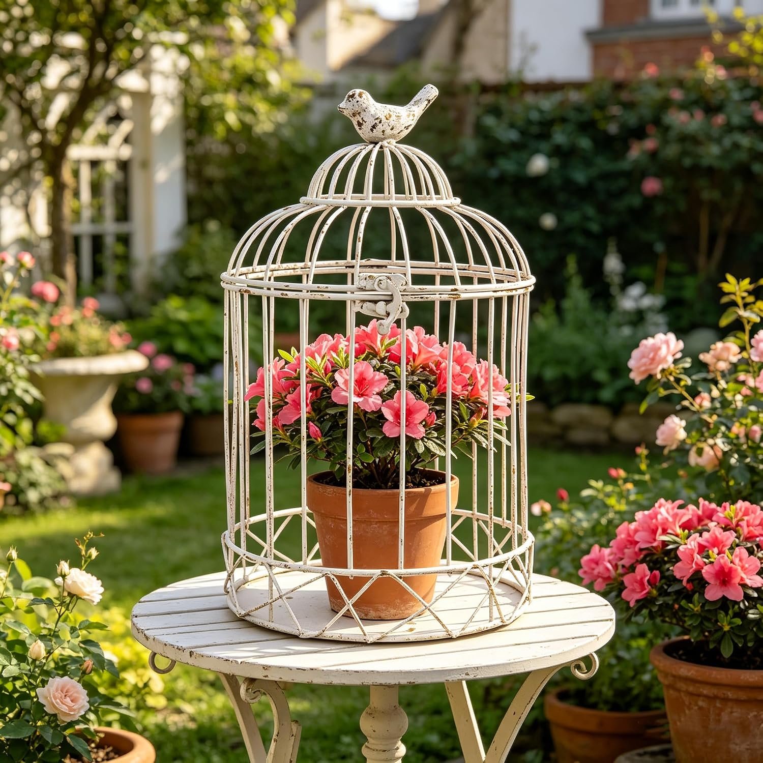 Vintage Birdcage Planter, 11.8″ H Rustic Farmhouse Metal Plant Holder, Distressed White Decorative Candle Holder for Wedding Centerpieces, Garden Patio Indoor Outdoor Home Decor