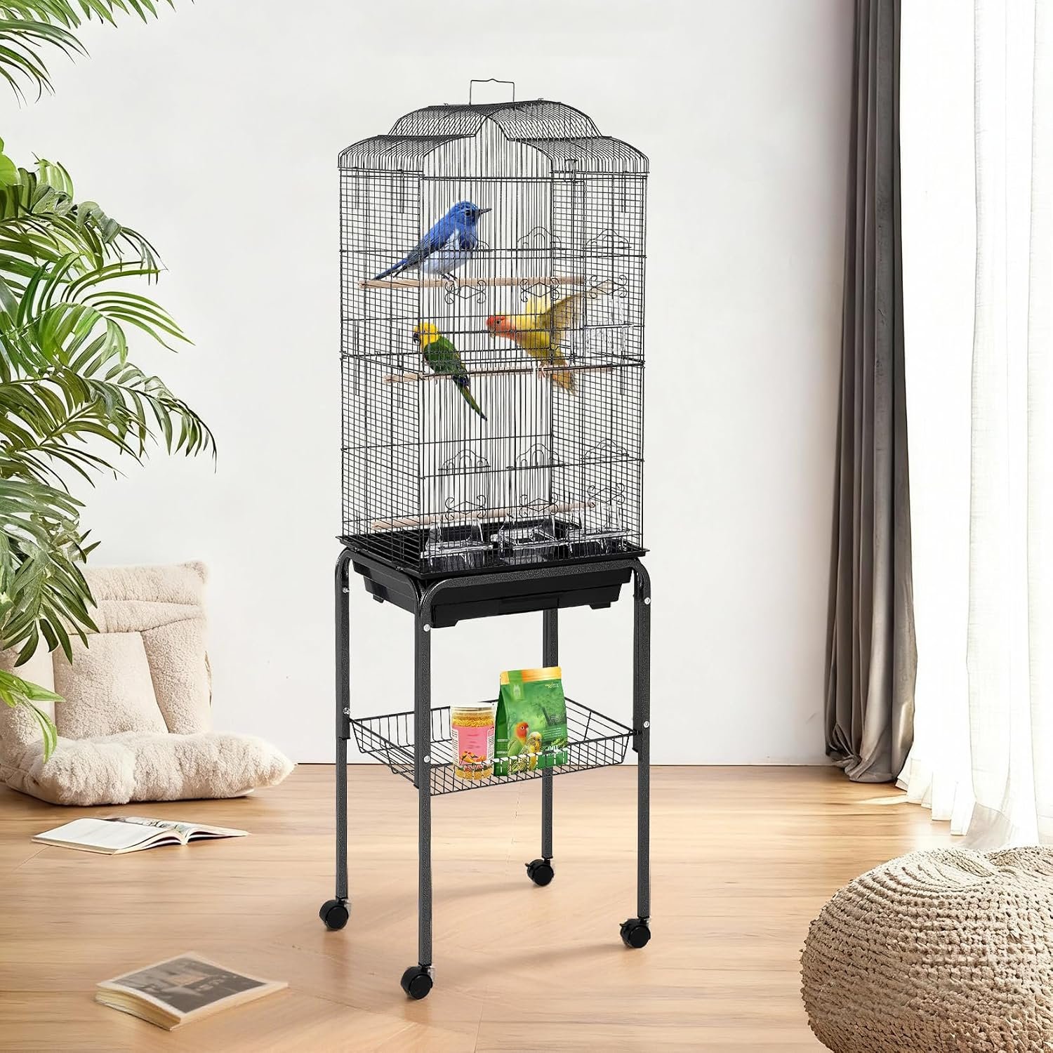 60” Play Open Top Medium Small Bird Cage with Detachable Rolling Stand, Removable Tray, Perches, 4 Doors, Food Bowls for Parrot Lovebirds Finches Canaries Parakeets Cockatiels Budgie Parrotlet