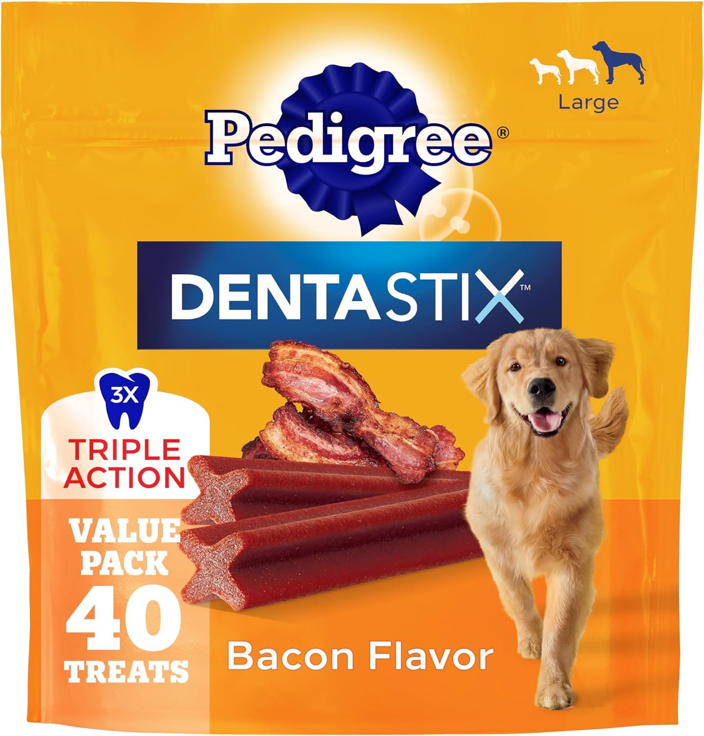 Pedigree Dentastix Large Breed Dental Dog Treats, Bacon Flavor, 40 Count | Triple action dental care, reduces tartar, cleans teeth, freshens breath, for dogs 40+ lbs, no added sugar/fillers