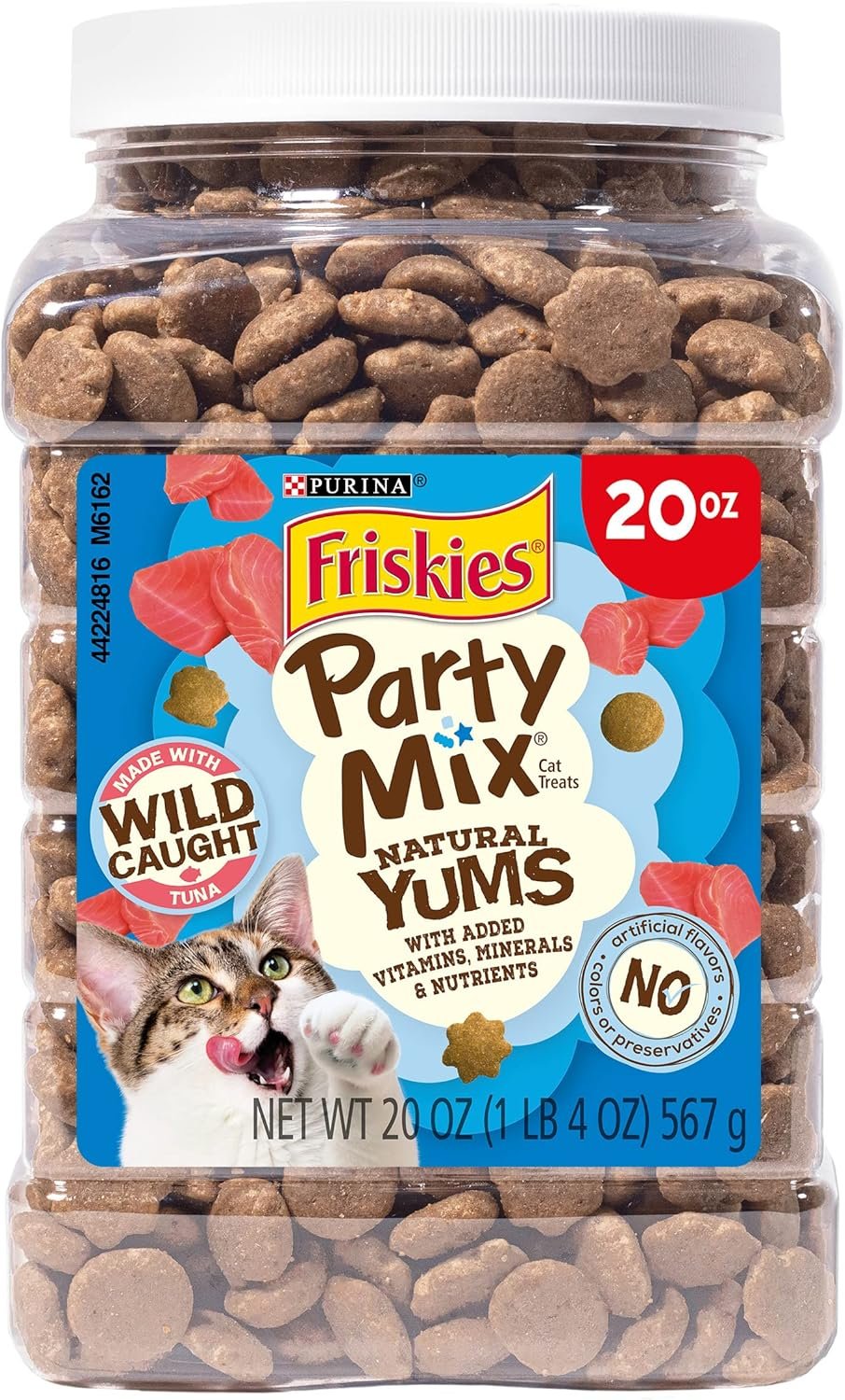 Friskies Purina Party Mix Natural YUMS Tuna Cat Treats, 20 oz Canister | Wholesome seafood-flavored treats with added vitamins and minerals, no artificial colors or preservatives