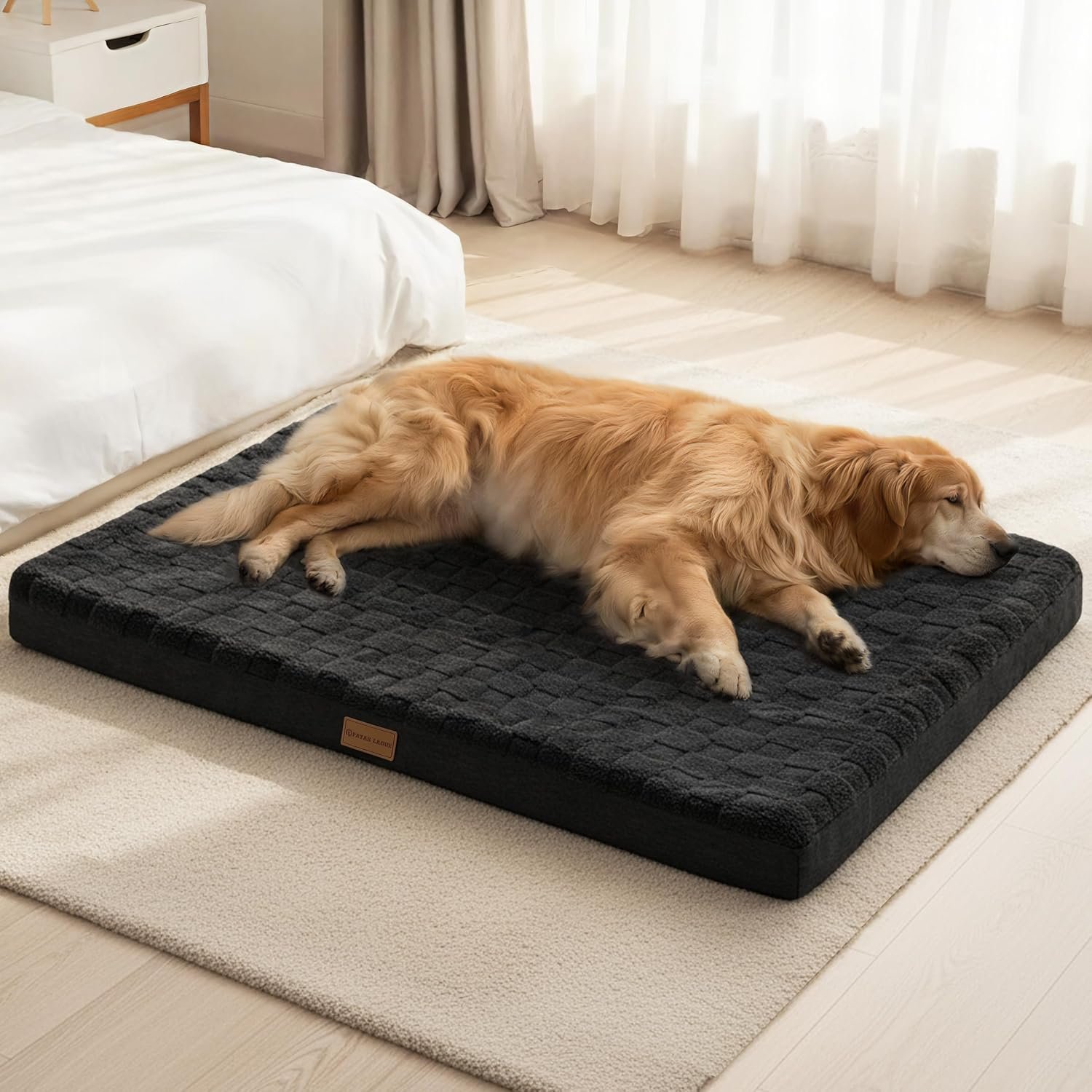 Patas Lague Orthopedic Large Dog Bed Washable Pet Crate Mat 36”X24” Black | Egg-Crate Foam Dog Couch For Large Sized Dogs, Waterproof Removable Cover, Soft Pet Bed With Nonskid Bottom