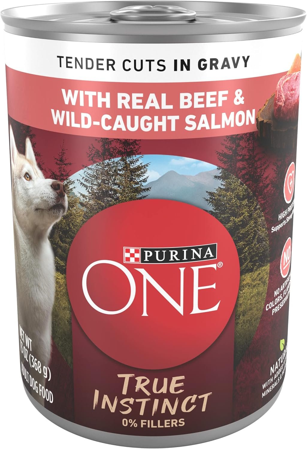 Purina ONE True Instinct High Protein Wet Dog Food, (12) 13 oz Cans | Tender Cuts recipe with real beef and wild-caught salmon in savory gravy, and no artificial colors, flavors, or preservatives
