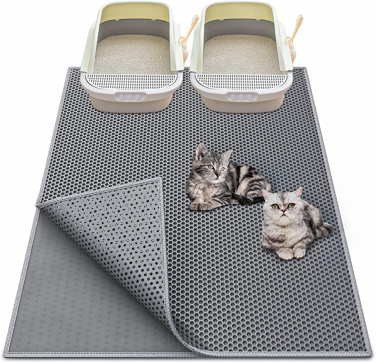 Waretary Cat Litter Mat, 36″x30″, Waterproof, Scatter Control, Grey | Double Layer, Urine-Proof, Non-Slip, Durable, Easy to Clean, Paw-Friendly, Safe & Odorless, Fits Large Litter Boxes