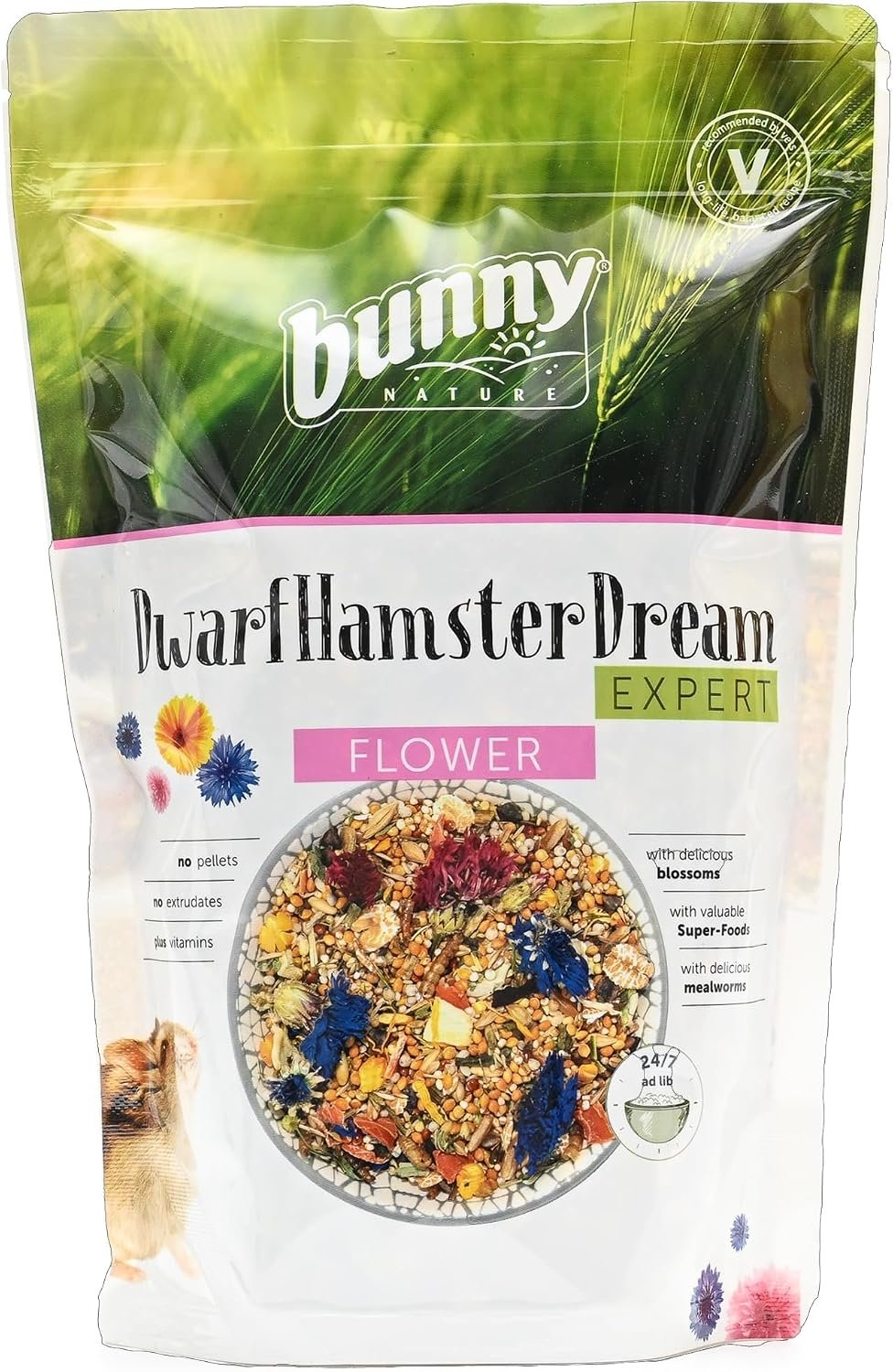 Bunny Nature DwarfhamsterDream Expert Flower – Natural Superfood Dish with Special Mixture of Flowers, Grains, Vegetables & Mealworms – Balanced Nutrition with No Quantity Restriction – 1.1 lbs