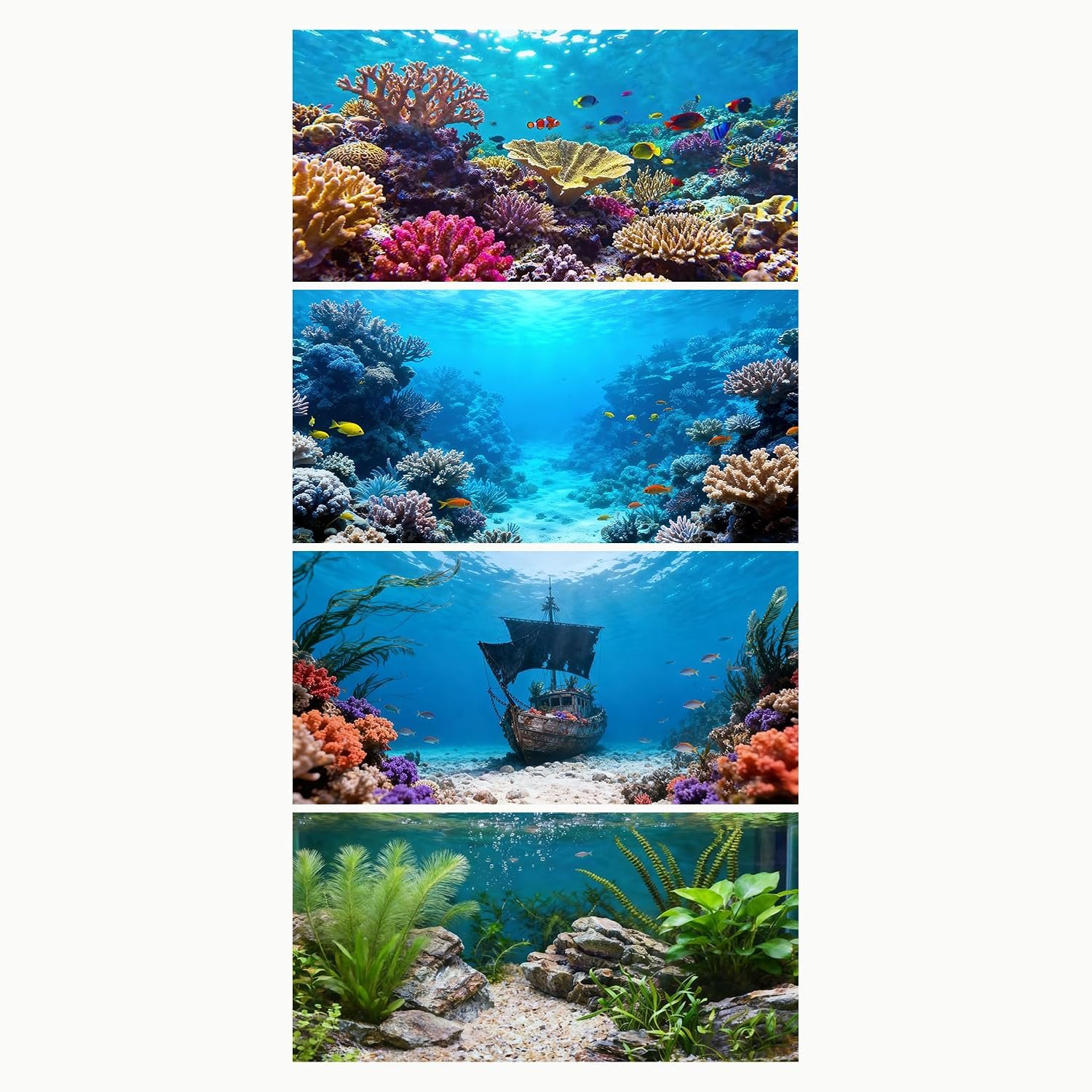 4 Pack Aquarium Background, 24×12 Inch Polyester Cloth Decor for Fish Tank, Set of Undersea Coral Rock & Plant Décor Backgrounds, Aquatic Themed Decorations