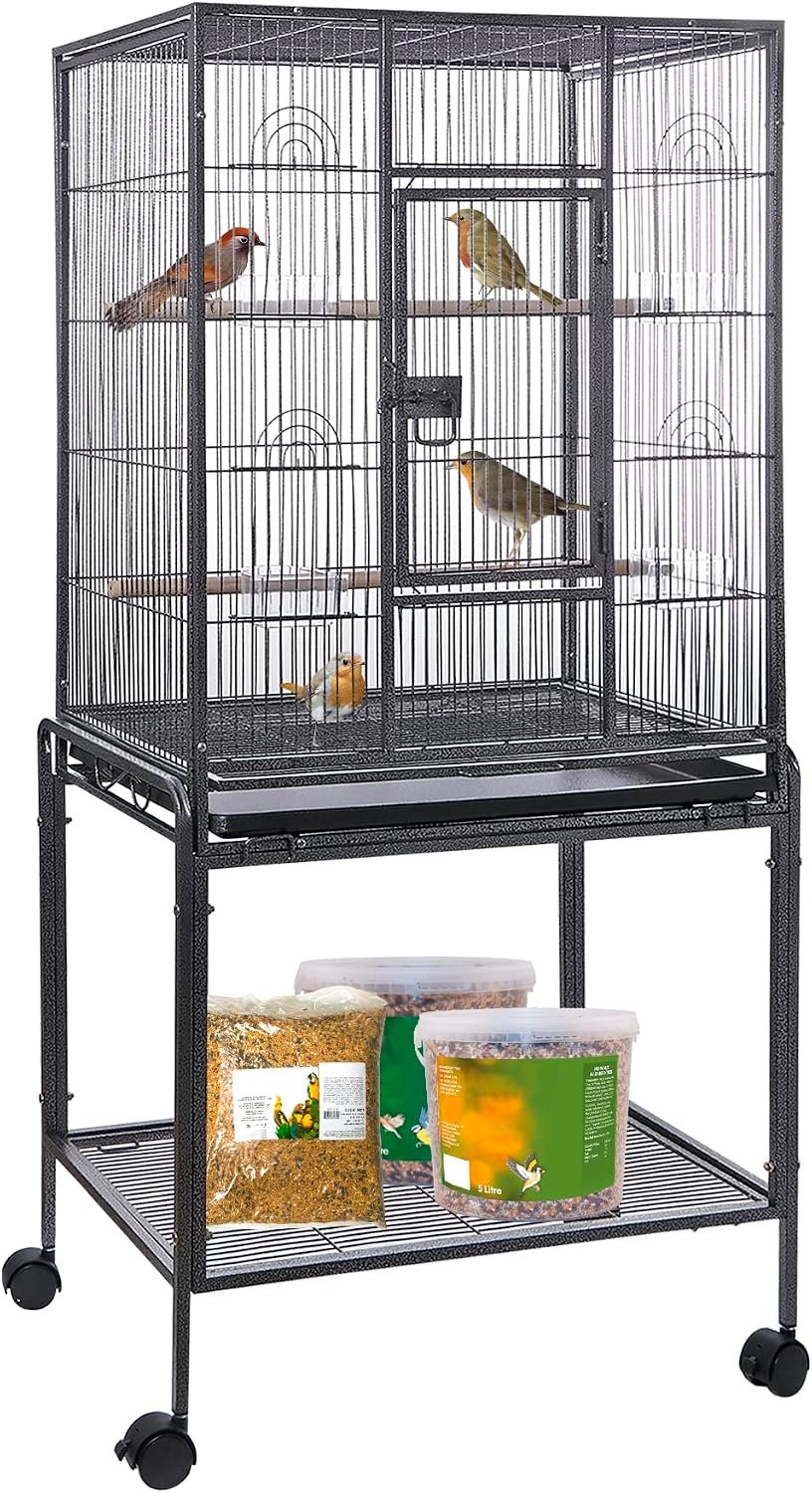 HSM 53 Inch Wrought Iron Large Bird Flight Cage with Rolling Stand | Bird Flight Cage Casters, Slide-out Tray for African Grey Parrot Parakeets Canaries Parrot Cockatiels Lovebirds Conures