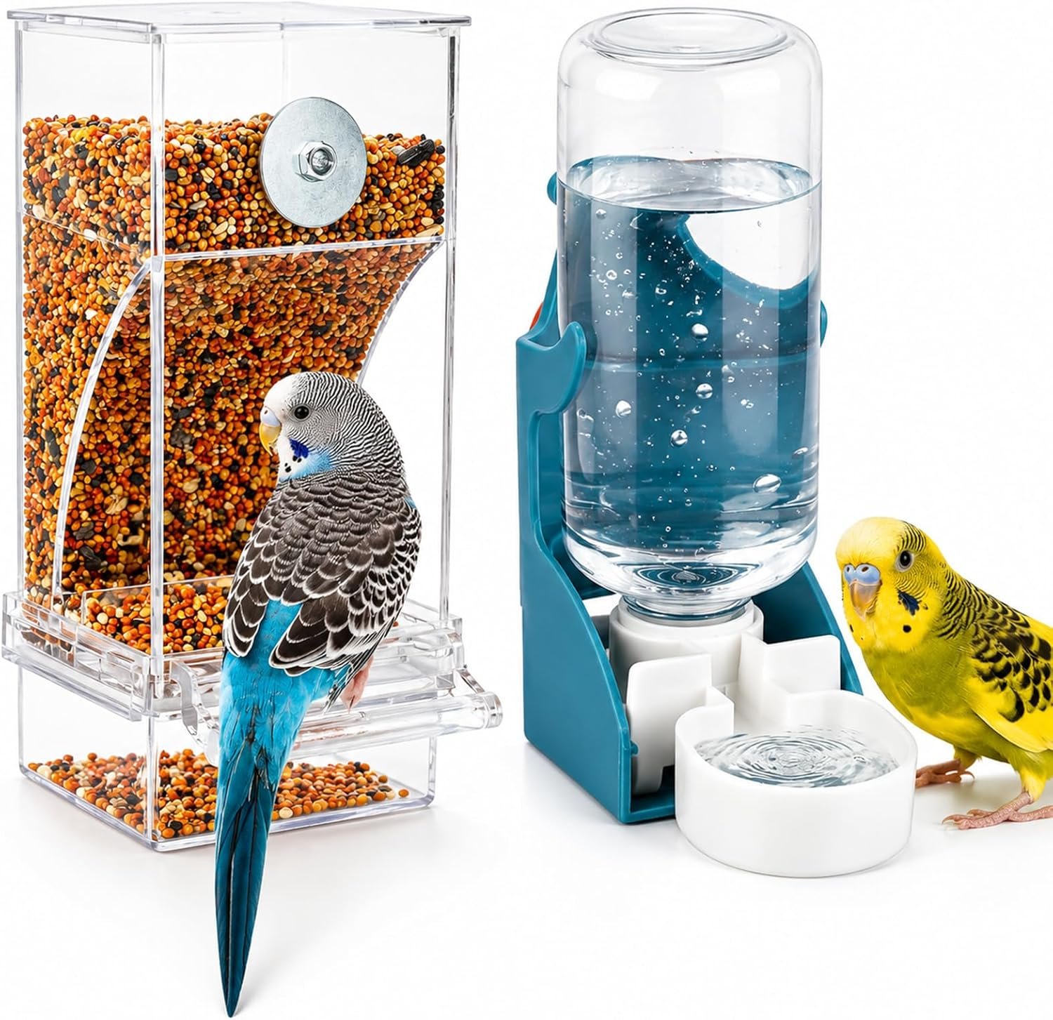 Rypet No-Mess Bird Feeder and Water Dispenser Set for Small Birds | Automatic Bird Feeder, Transparent Acrylic Food Container, Helps Reduce Seed Scatter, for Parakeet Cockatiel Parrot Canary