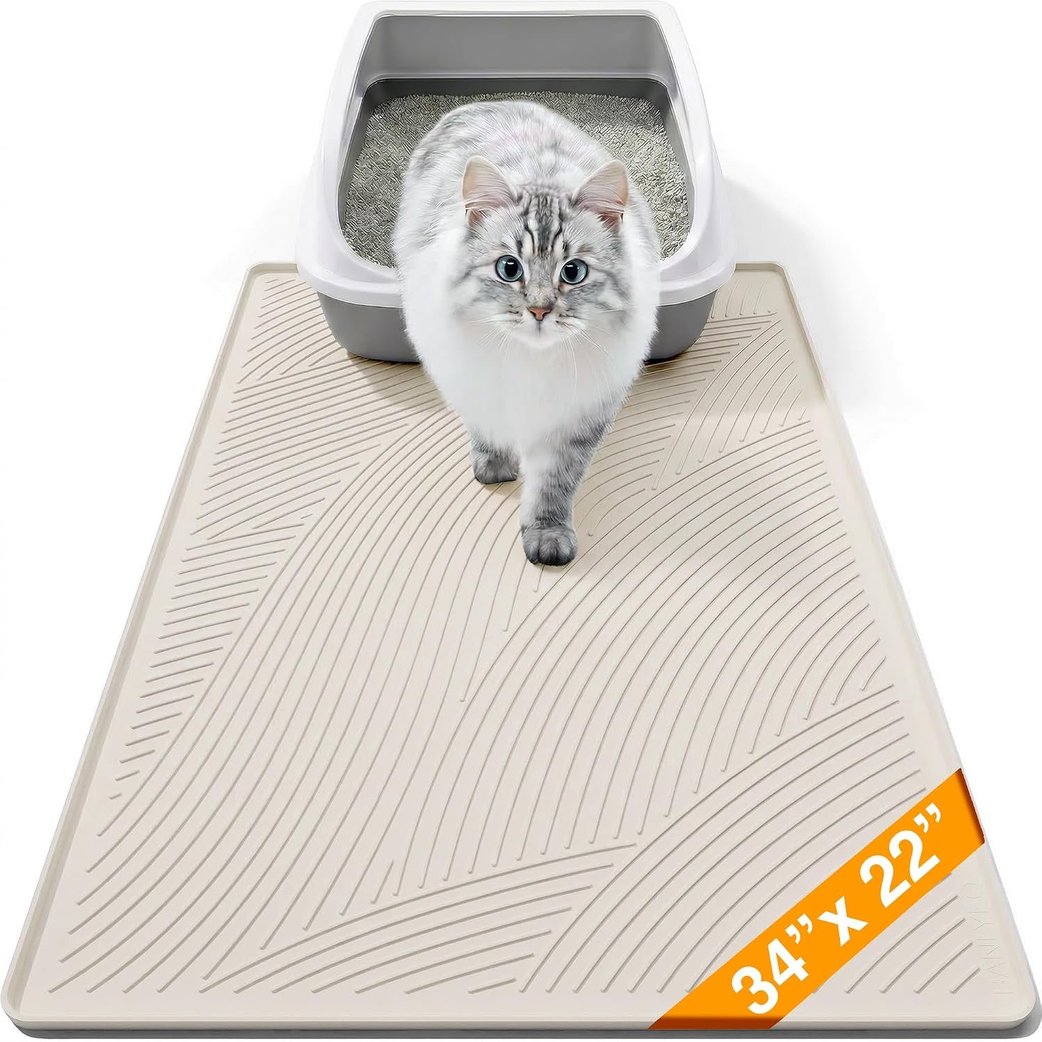 Cat Litter Box Mat – L Large Size 34 x 22 in, Water Proof, Kitty Litter Trapping Mat, Easy to Clean, Scatter Control, Odorless, Pet Supplies for Indoor Cats, Warm Beige