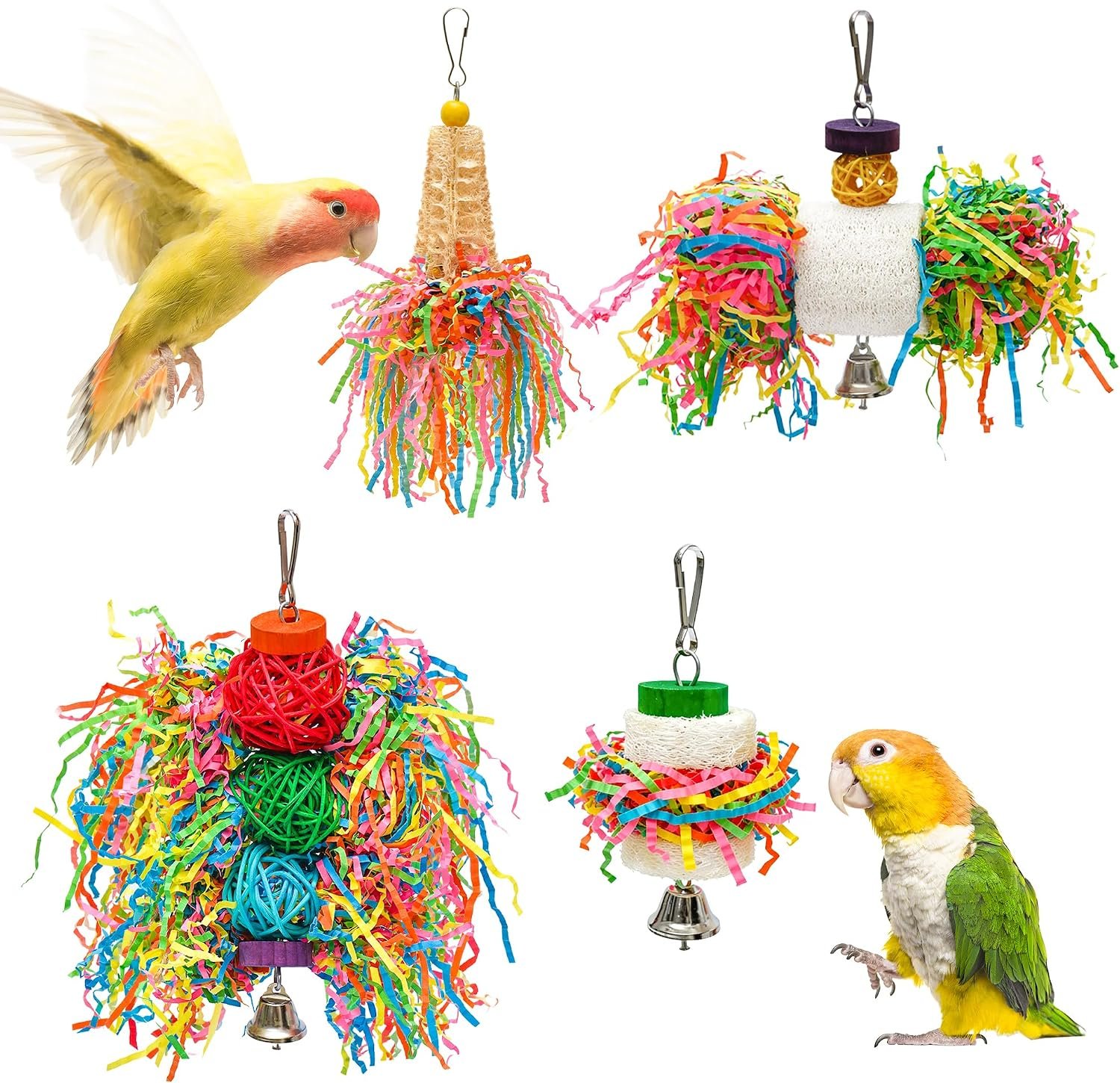 4PCS Bird Parrot Foraging Toys Parakeet Chewing Hanging Toy Shredder Paper Cage Accessories for Small Parrots Parakeets Conures Cockatiels Love Birds Cage Toy (4Pack)