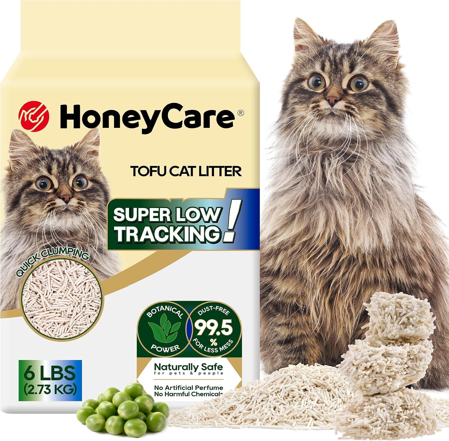 HoneyCare Tofu Cat Litter I 100% Plant-Based Pellets I Sustainable & Biodegradable I Low-Dust Quick Clumping Superior Odor Control, 6-lbs