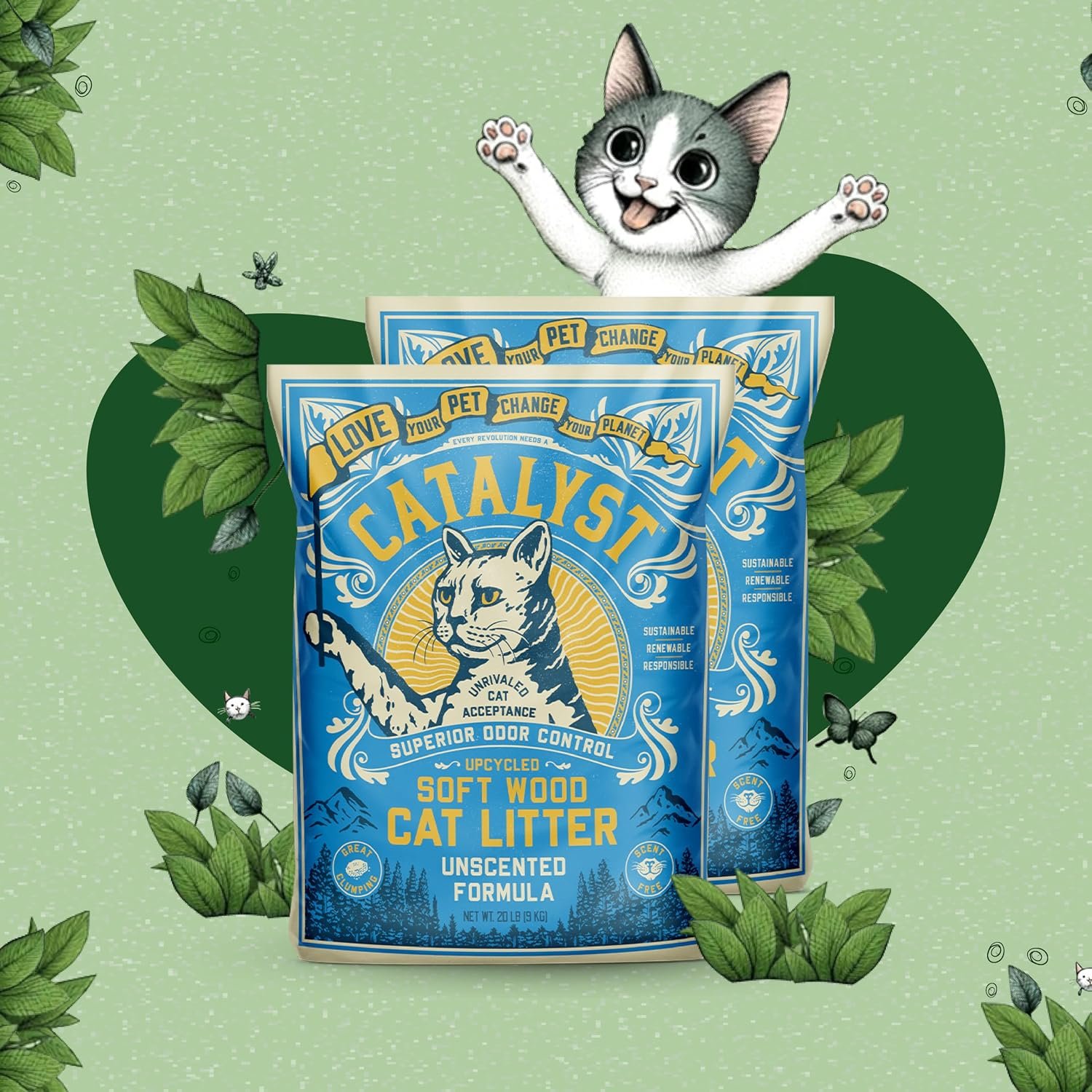 Catalyst Natural Soft Wood Cat Litter (2 Pack, 20lb Bags) – Superior Odor Control, Strong Clumping, Low Dust, and Biodegradable (20lb, Set of 2, Unscented)
