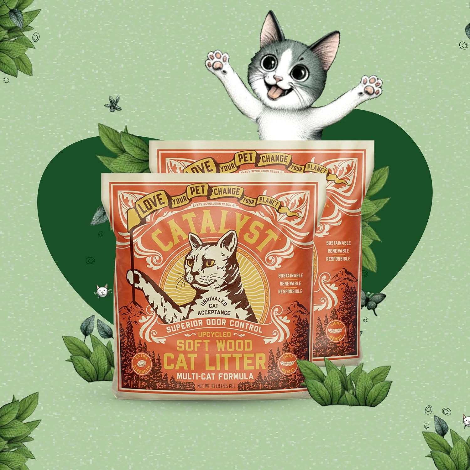 Catalyst Natural Soft Wood Cat Litter (2 Pack, 10lb Bags) – Superior Odor Control, Strong Clumping, Low Dust, and Biodegradable (10lb, Set of 2, Multi Cat)