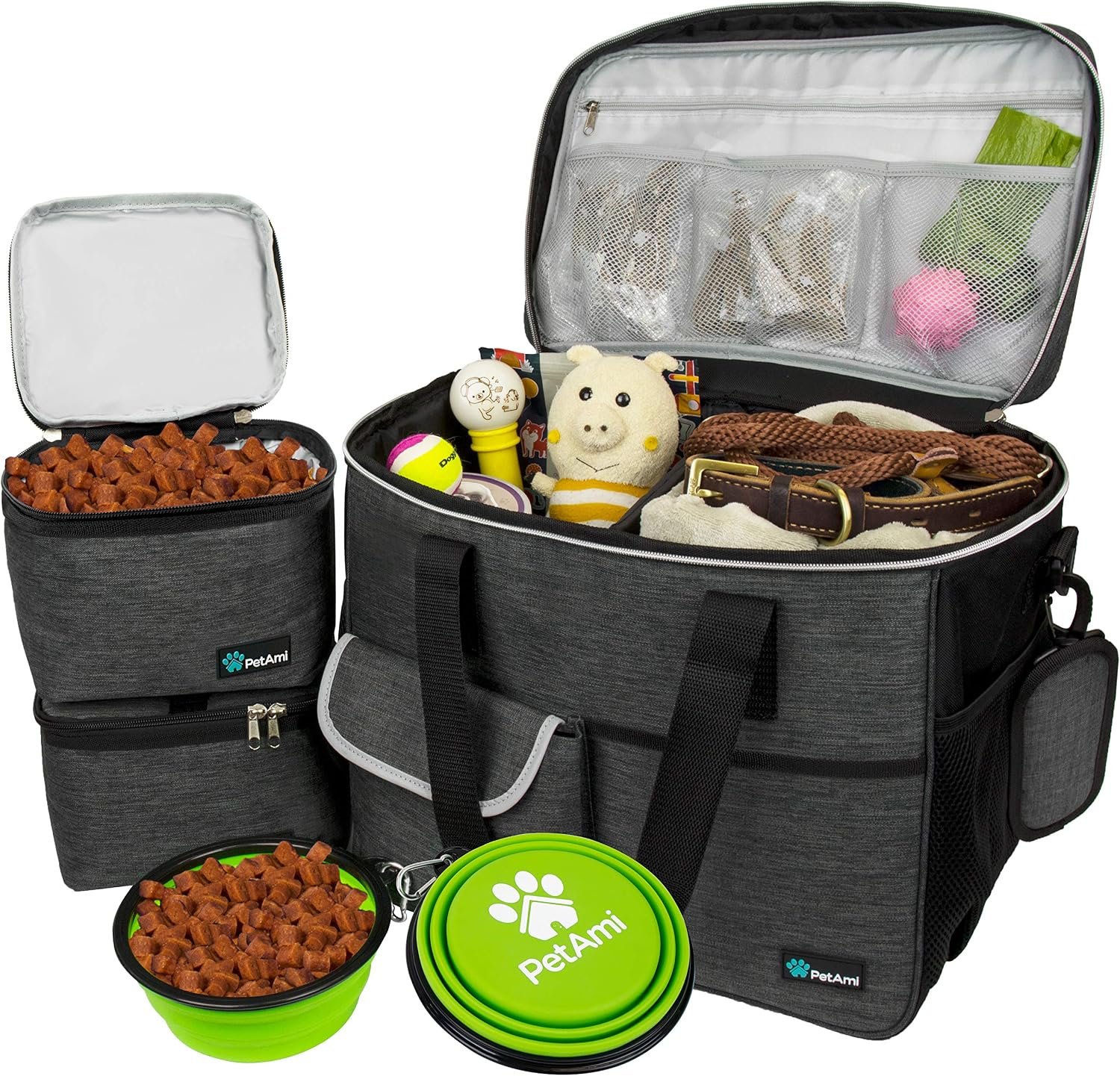 PetAmi Dog Travel Bag Organizer, Pet Supplies Diaper Tote, Dark Gray Large | Pet Travel Kit with 2 Food Containers & 2 Collapsible Dog Bowls, Luggage Sleeve, Weekend Getaway Road Trip Camping Essentials