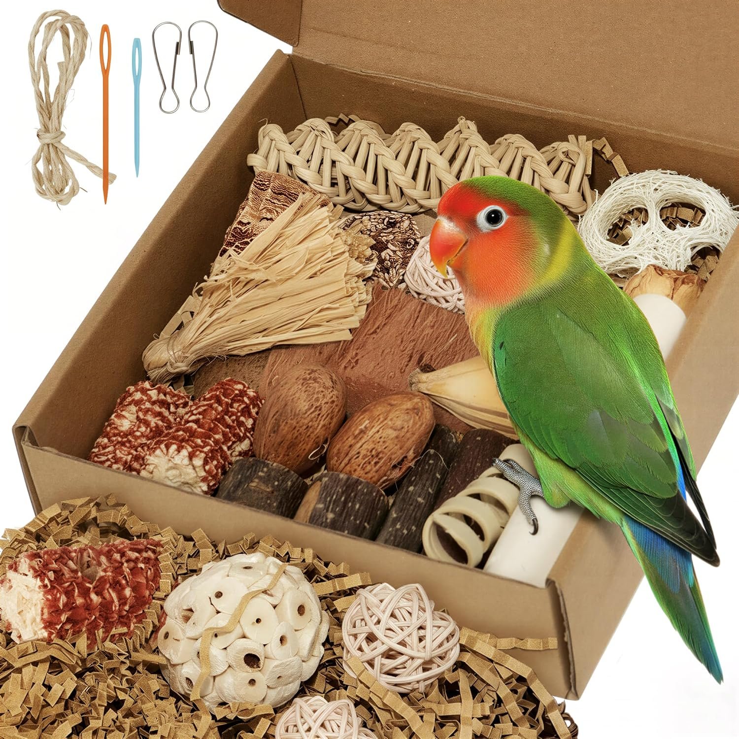 Bird Toys Parrot Natural Foraging Box Parakeet Toys DIY Hanging String for Cockatiels,Conures,Love Birds,and Other Small to Medium Birds Cage Accessories (Medium)