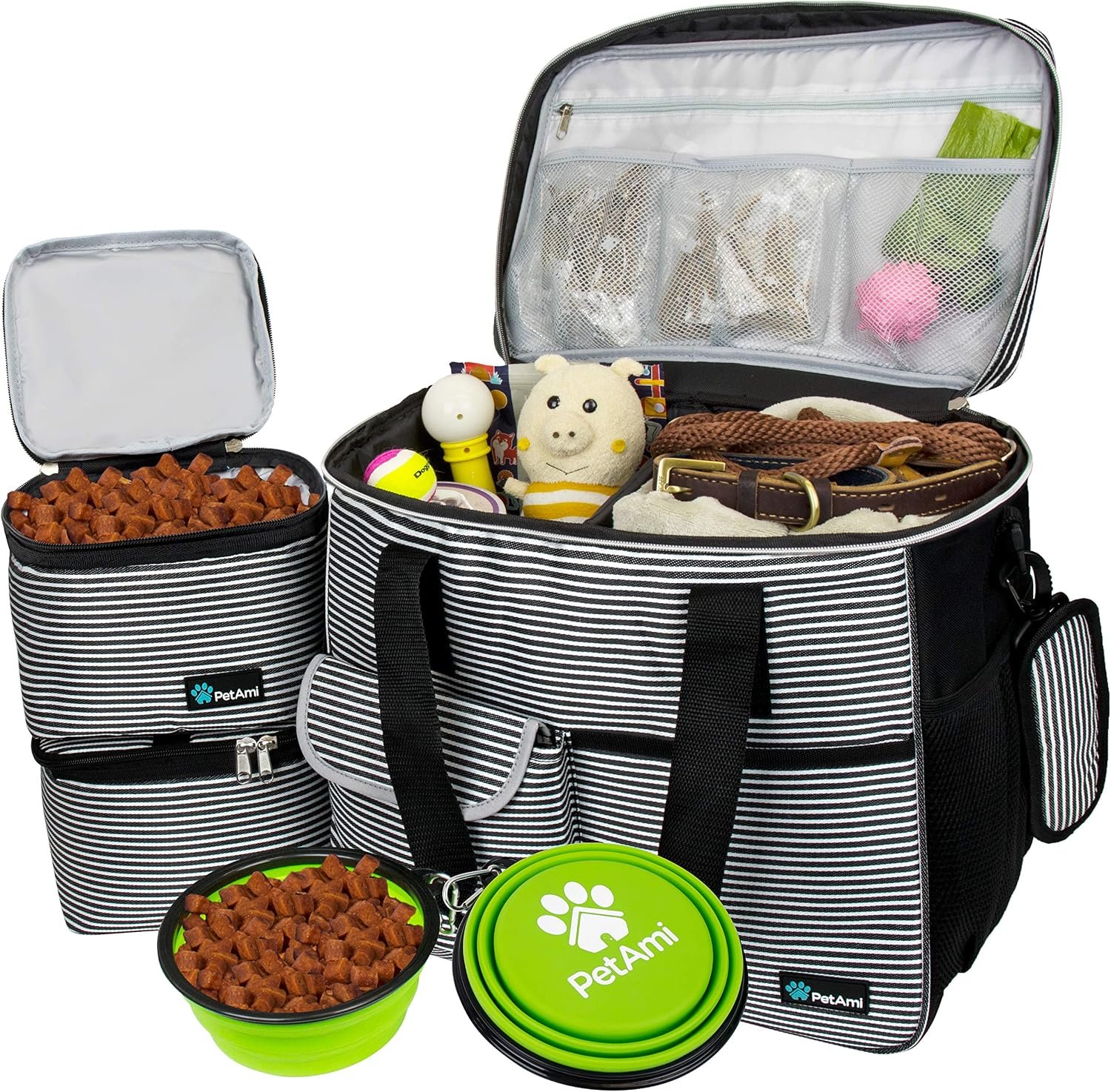 PetAmi Dog Travel Bag Organizer, Pet Supplies Tote, Stripe Black Large | Pet Travel Kit with 2 Food Containers & 2 Collapsible Dog Bowls, Luggage Sleeve, Weekend Getaway Road Trip Camping Essentials