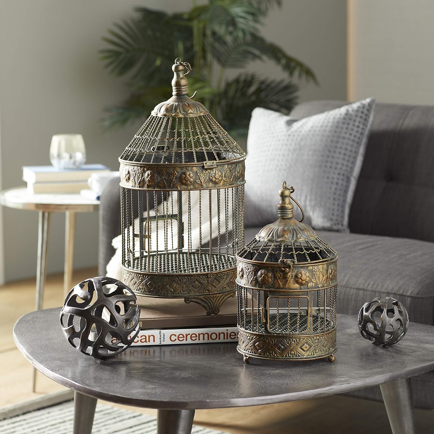 Deco 79 Metal Floral Birdcage Antique Twisted Rod with Latch Closure and Hanging Hook, Set of 2 24″, 16″H, Bronze