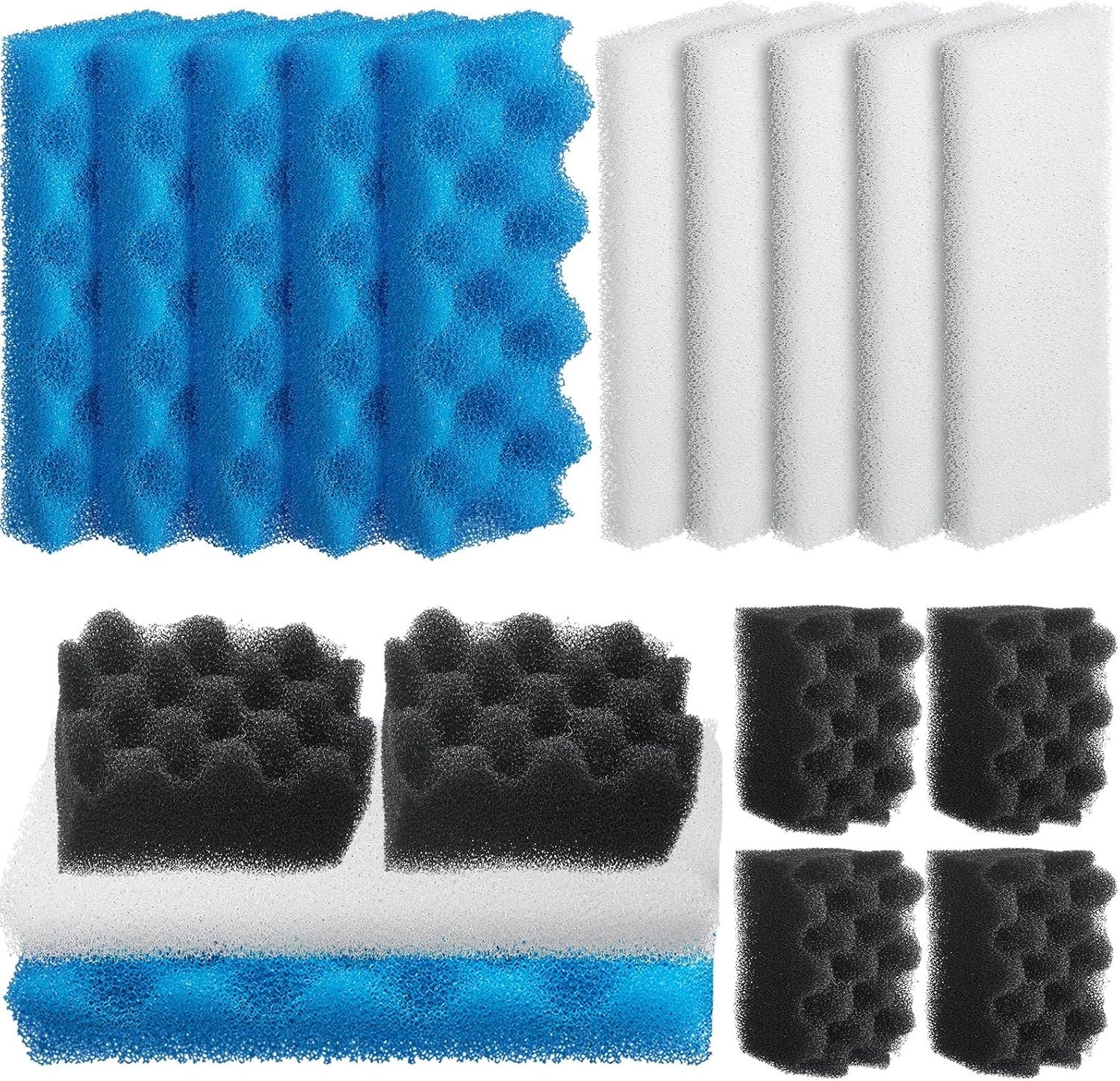 Threlaco 18 Pcs Compatible with 306/307 Bio Sponge Set Compatible with Aquarium Filters Including Blue White Black Bio Sponge for Replacement Filter Media Kit
