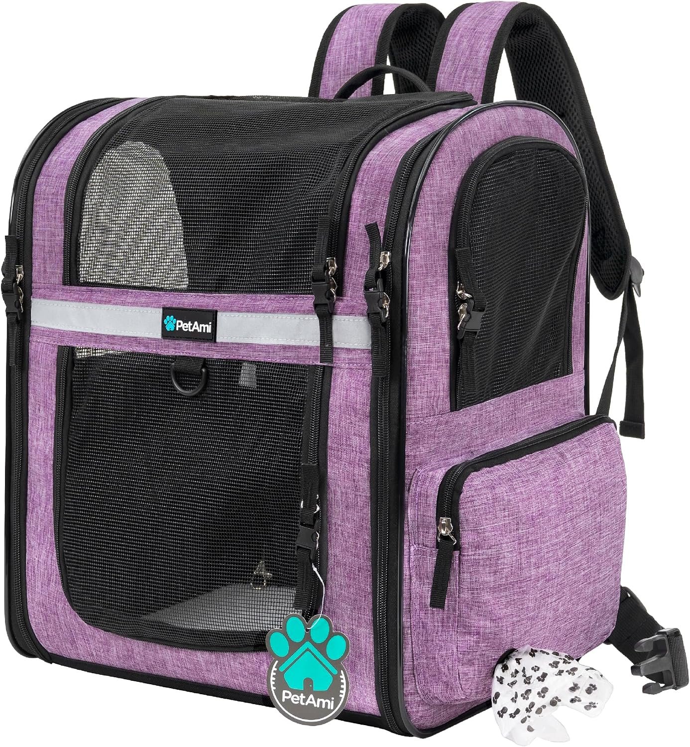 PetAmi Dog Backpack Carrier for Cats, 4-Way Entry Ventilated, 18lbs Max | Sherpa Bed Included, Foldable Load-In Top, Safety Reflective Strap, Breathable Mesh, Poop Bag Dispenser, Padded Back Support