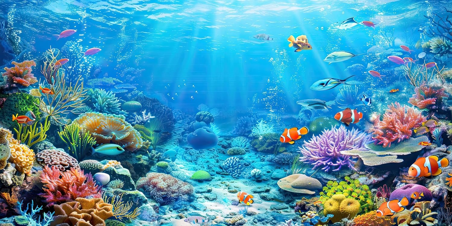Underwater World Aquarium Background,Seaworld Ocean Floor Tropical Fish Coral Reef Aquatic Nature Plant Fish Tank Backdrop Decor, Polyester Fabric with 6 EVA Double-Sided Tapes 48×24 inches/120x60cm