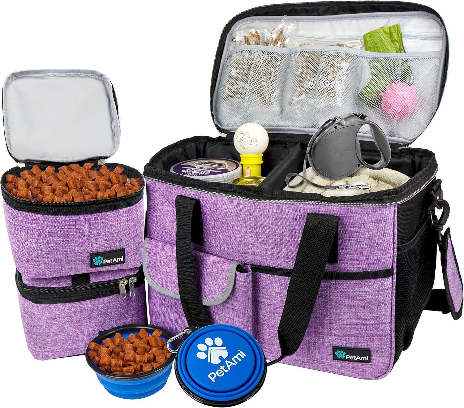 PetAmi Dog Travel Bag Organizer, Pet Supplies Diaper Tote, Purple Medium | Pet Travel Kit with 2 Food Containers & 2 Collapsible Dog Bowls, Luggage Sleeve, Weekend Getaway Road Trip Camping Essentials