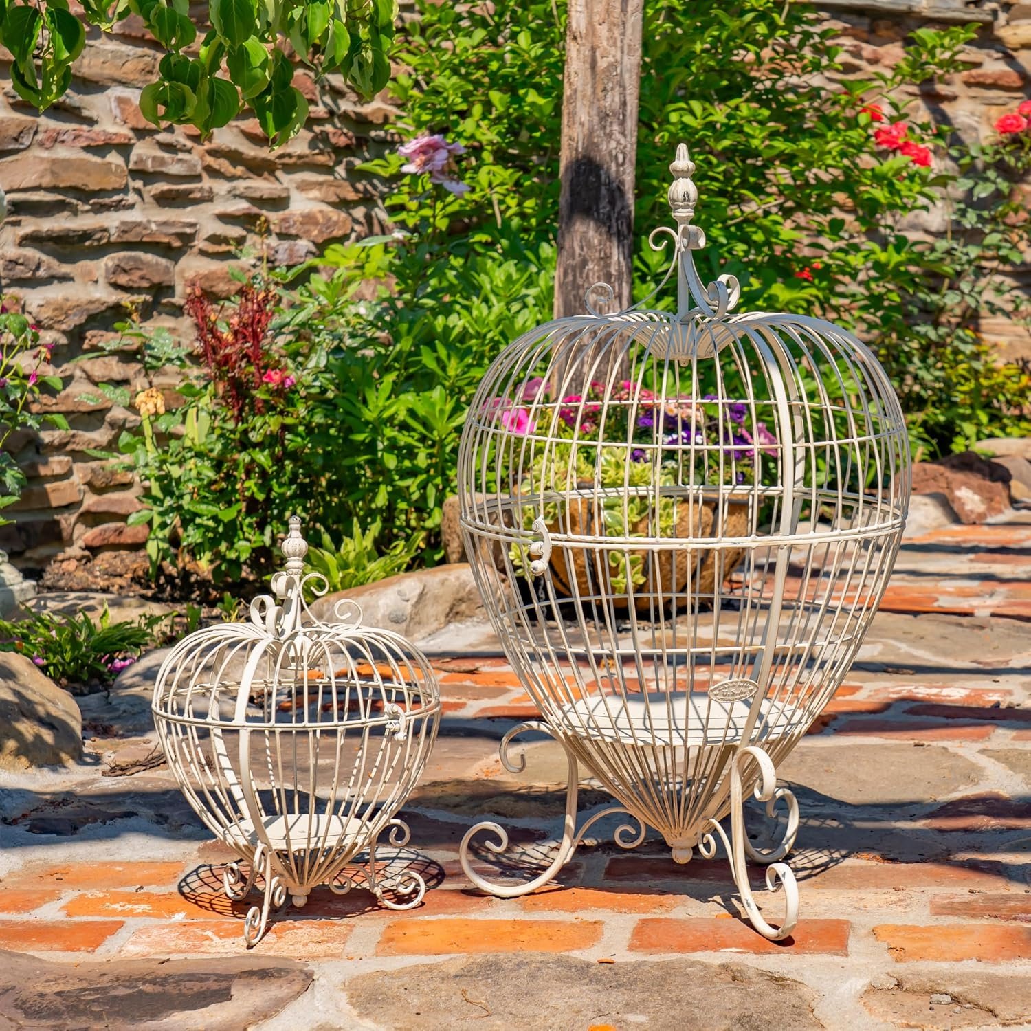 Zaer Ltd. Decorative Metal Bird Cage Plant Stands, Set of 2, Heart-Shaped Design, Large 30.7″ H & Small 16″ H (Antique White)