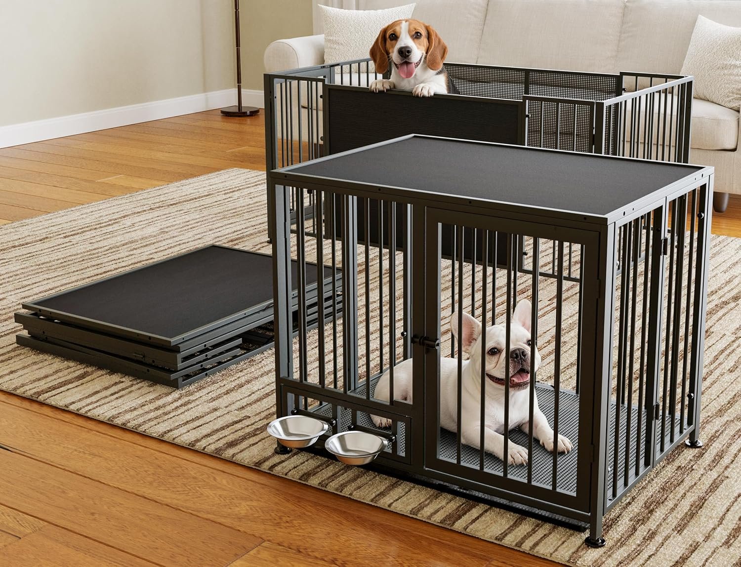 Heavy Duty Dog Crate for Medium Dogs, 3 in 1 37.8″ Foldable Collapsible Dog Kennel & Playpen with Wheels & Feeding Bowls, Escape-Proof Metal Dog Cage with Lockable Door for Indoor Outdoor Use, Black
