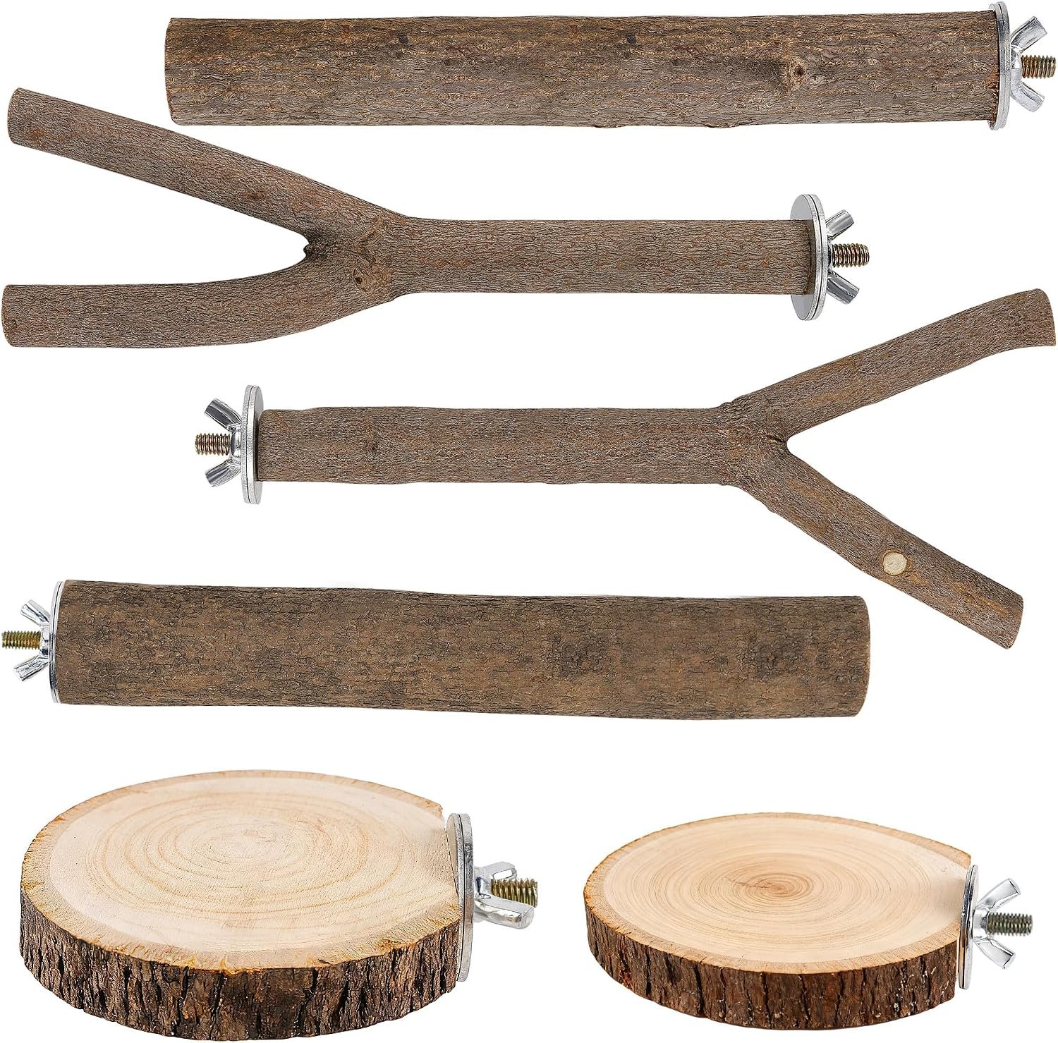 6 PCS Bird Perch Set | Natural Birch Wood, Straight & Forked Perches with Platforms, For Parakeets, Cockatiels, Conures, Lovebirds, Cage Accessories