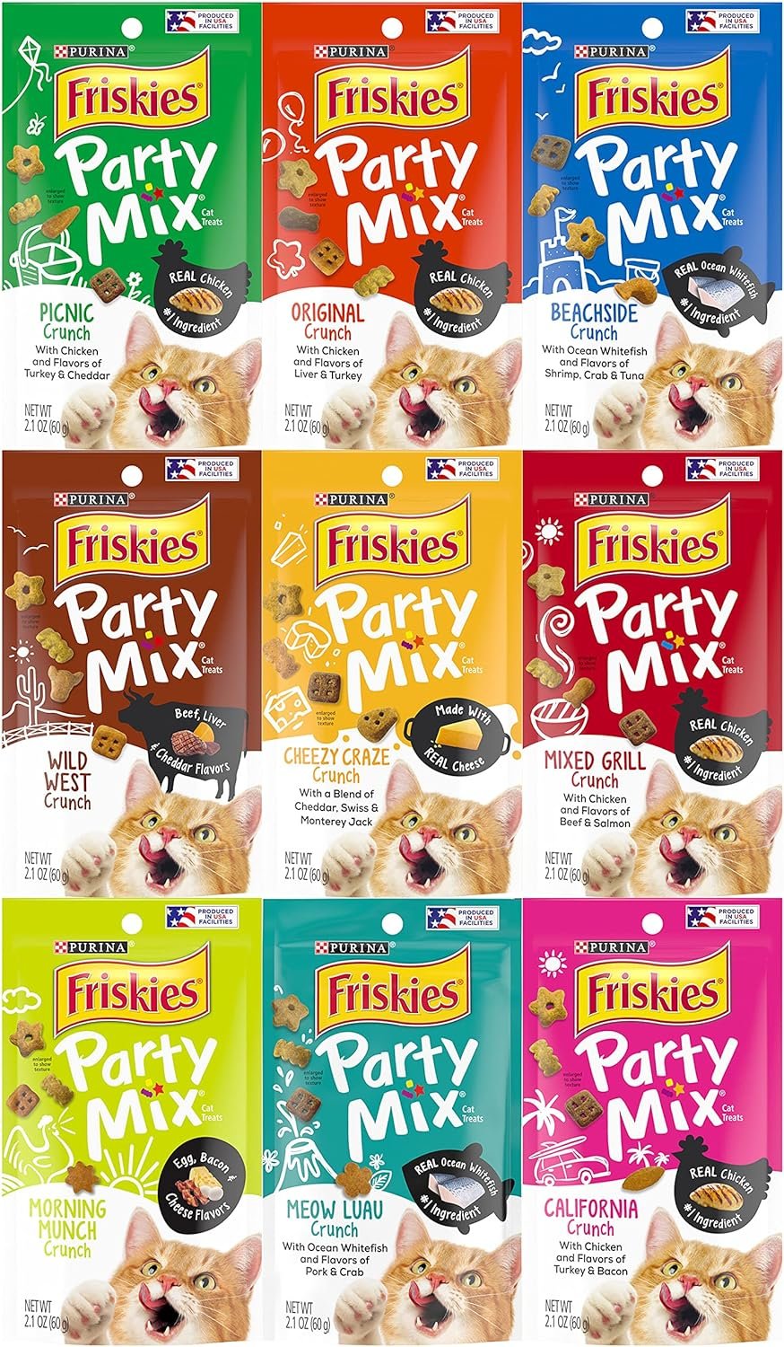 Friskies Party Mix Crunch Variety Pack (9 Flavors) – Wild West, Morning Munch, Mixed Grill, Picnic, Beachside, Cheezy Craze, Original, California Dreamin’, and Meow Luau
