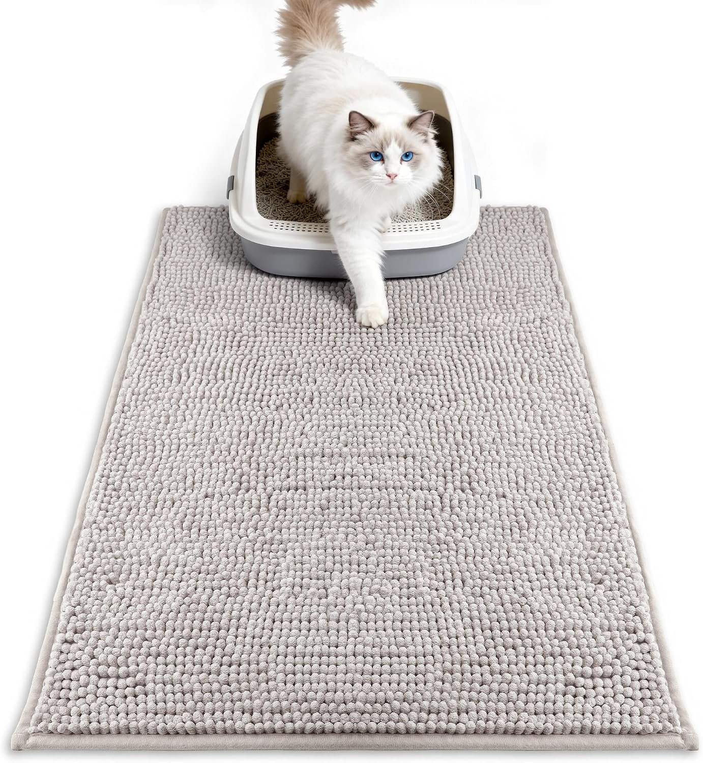 Pieviev Soft Chenille Cat Litter Box Mat, Ultra Absorbent, 28” x 22” | Long Plush Chenille Traps Cat Deeply, Waterproof Tpr Anti-Slip Backing, Absorbs Moisture, Machine Washable Cat Mat