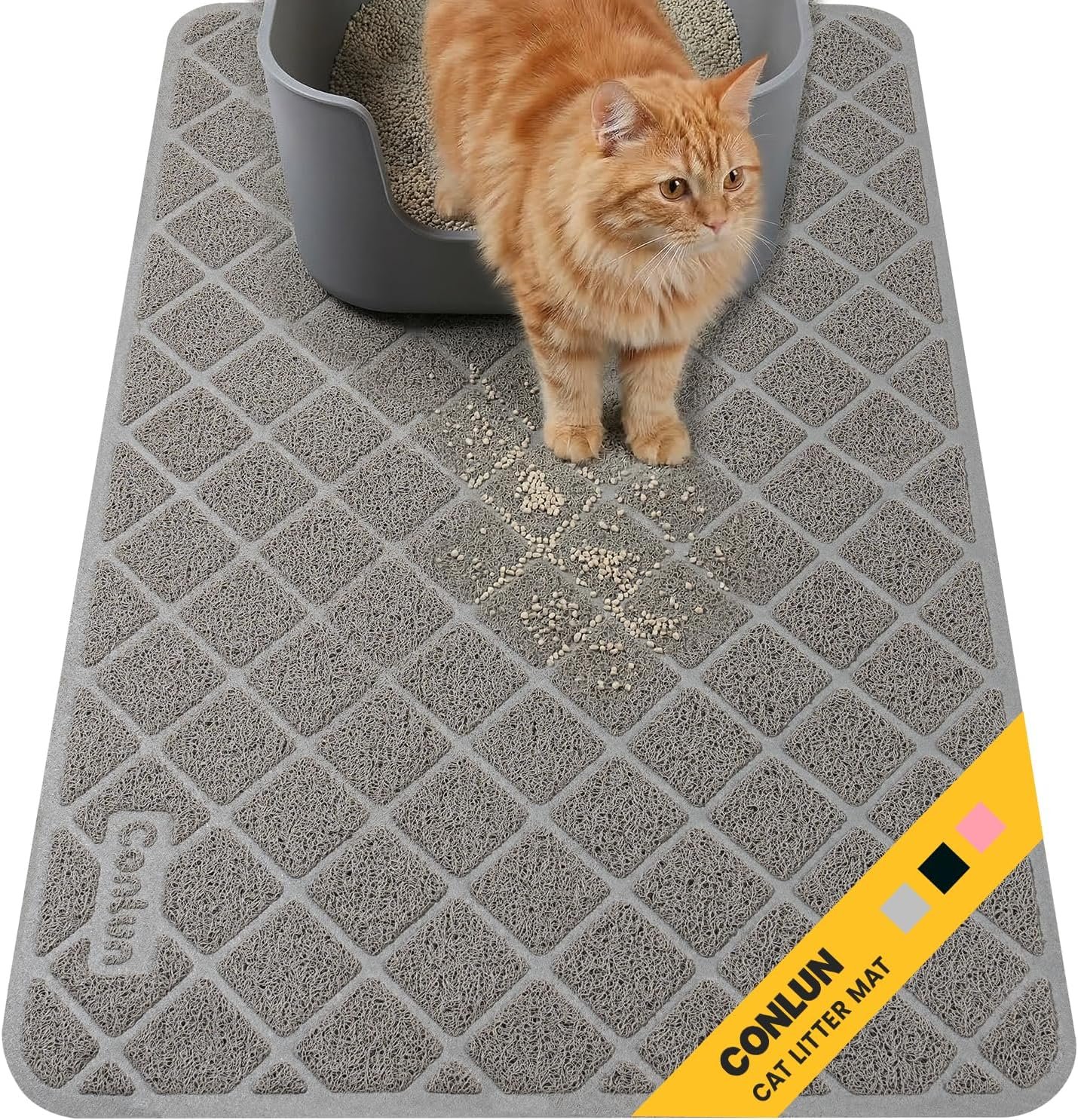 Conlun Cat Litter Mat Litter Trapping Mat, Premium Durable PVC Grid Mesh with Scatter Control, Non-slip, Less Waste Cat Litter Box Mat, Soft on Kitty’s Paws, Urine Waterproof, 24″ x 17″ Grey