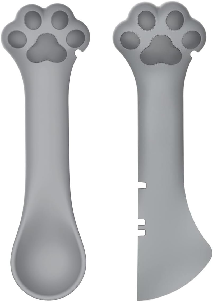 Joyinjojo 2 Pack Dog Cat Food Spoon Spatula, Cute Paw Pet Can Opener Mixing Spoons For Wet Food, Small Silicone Spatula Cat Treat Spoon Pet Can Food Scoop, Grey