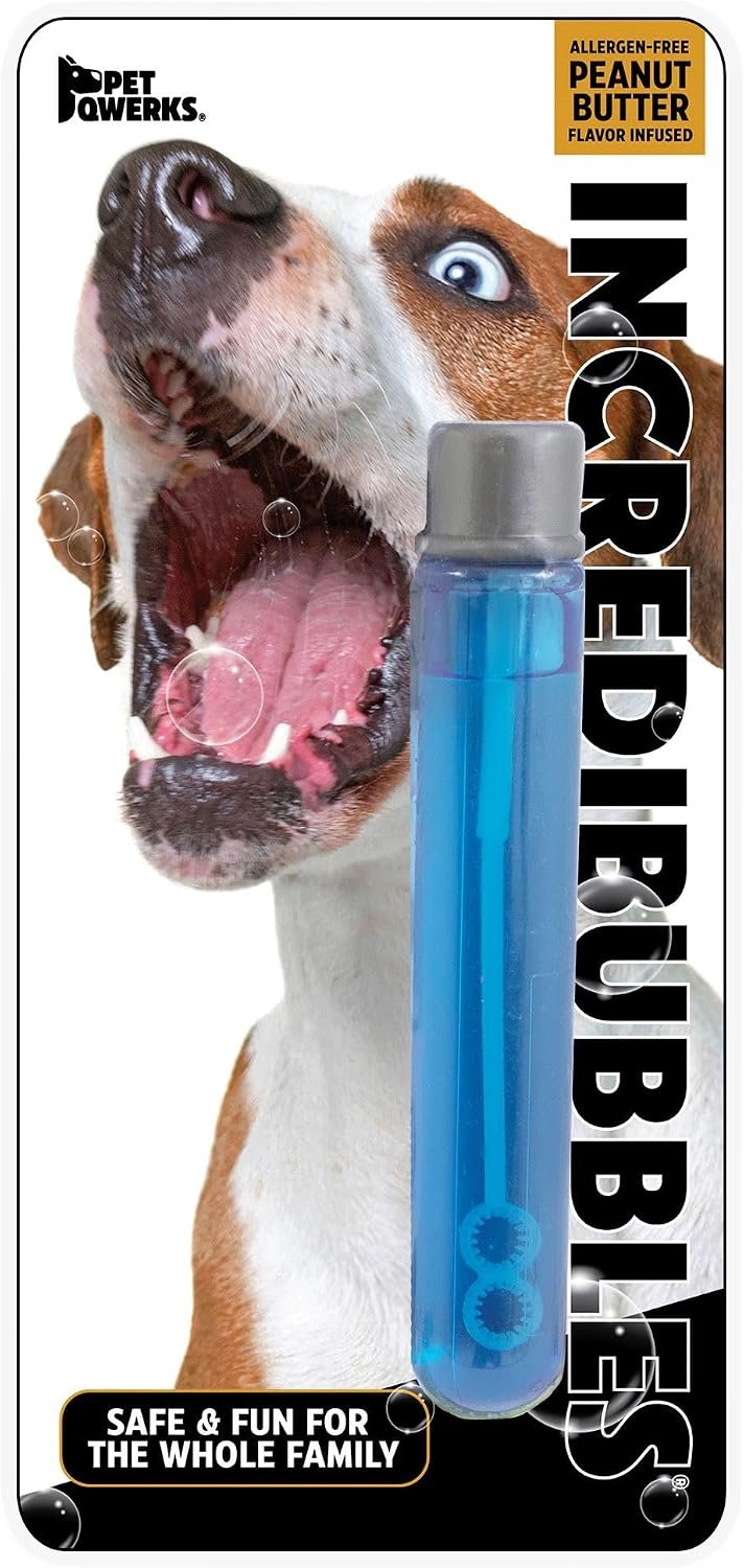Pet Qwerks Incredibubbles Interactive Pet Toys – Long Lasting Edible Bubbles for Dogs & Cats – Peanut Butter Flavor – 20 ML, All Breed Sizes